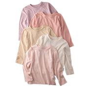 5 long sleeve Tshirts in pink and cream, stacked on a white backgroun 