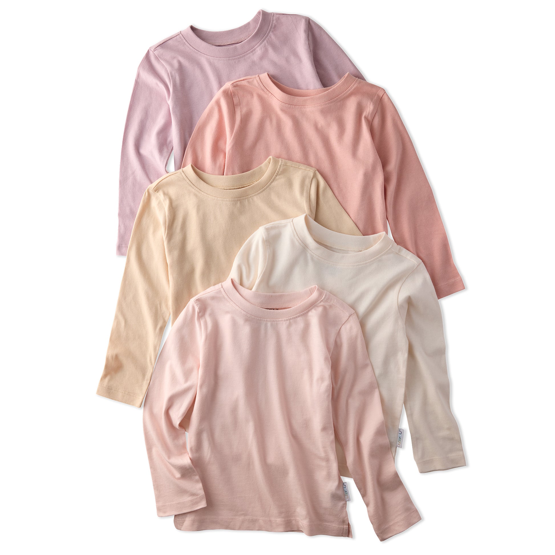 5 long sleeve Tshirts in pink and cream, stacked on a white backgroun 