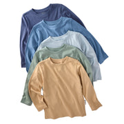 5 long sleeve Tshirts in navy, blue, green, and tan stacked on a white background