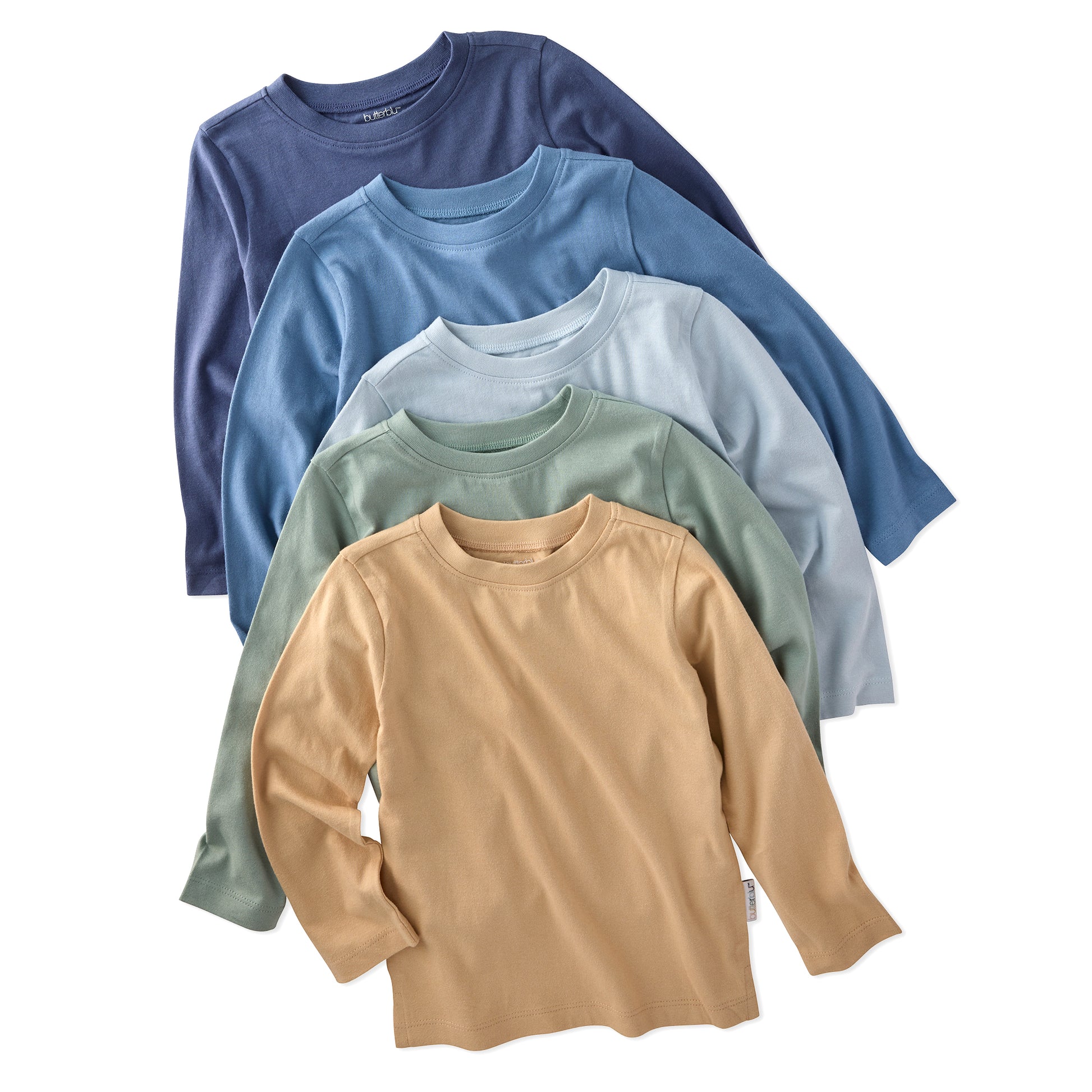 5 long sleeve Tshirts in navy, blue, green, and tan stacked on a white background