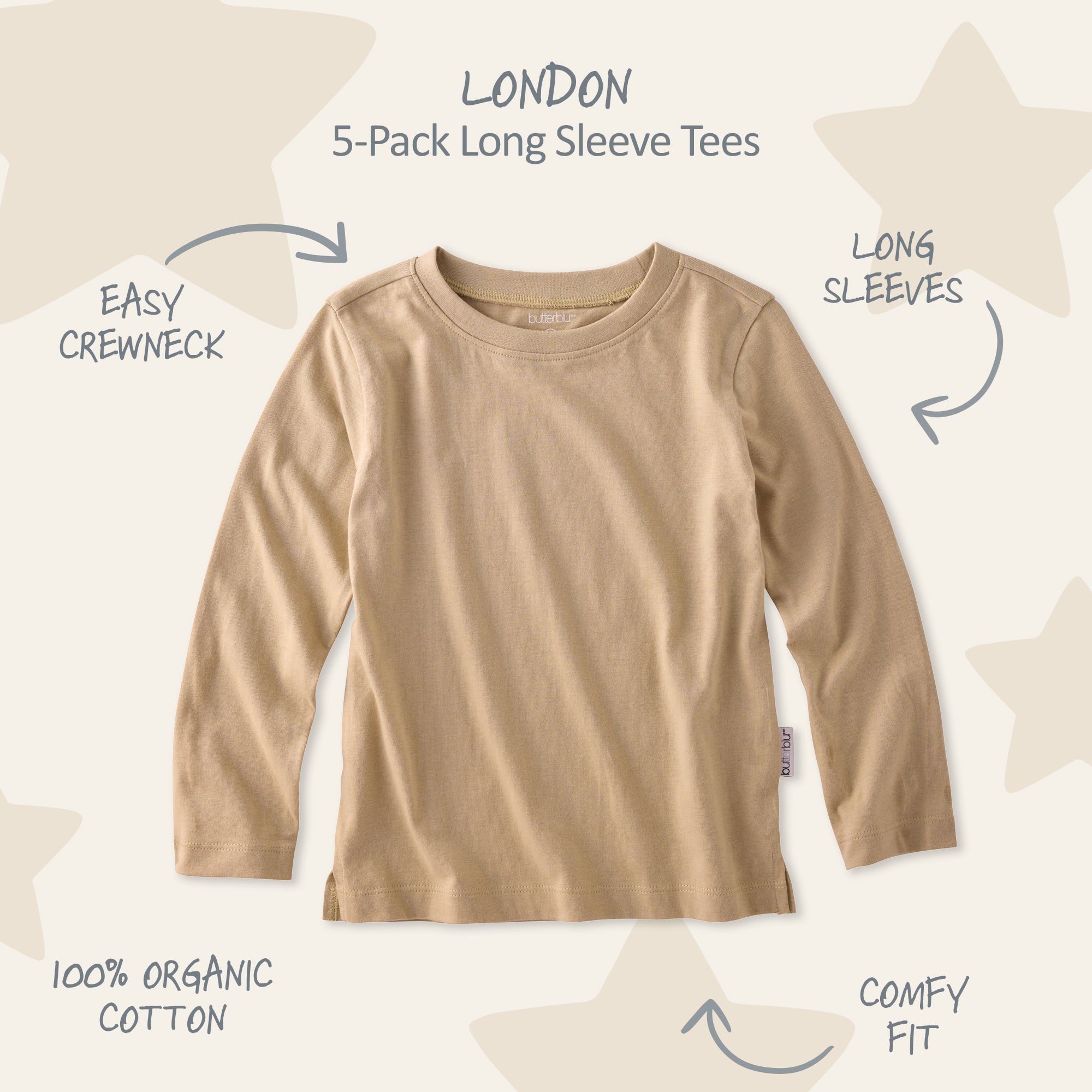 Brown long sleeve t-shirt on a brown background surrounded by product descriptions and London title at top