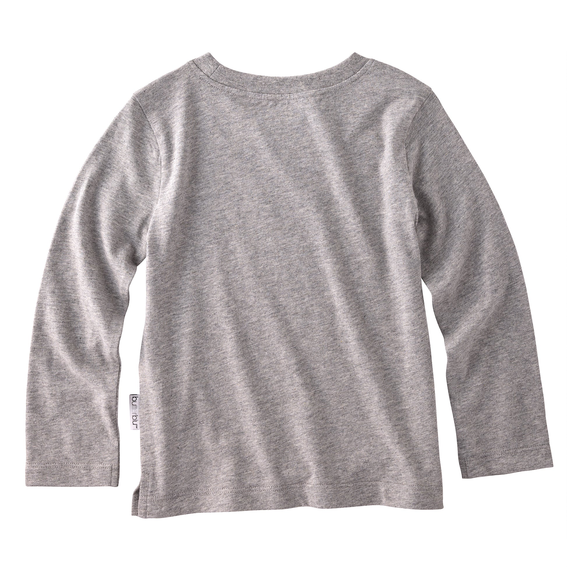 back-side of agrey long sleeve t-shirt