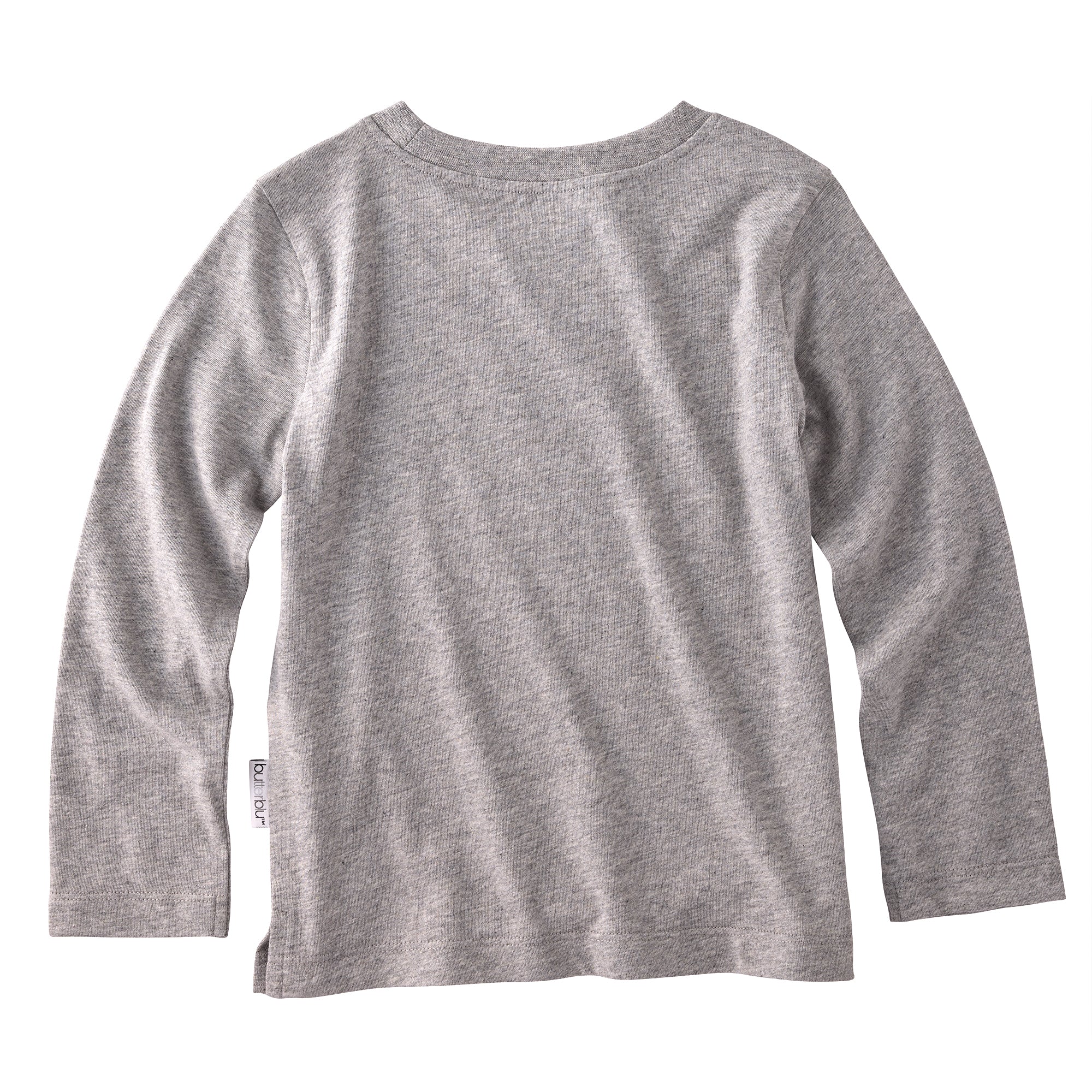 back-side of agrey long sleeve t-shirt