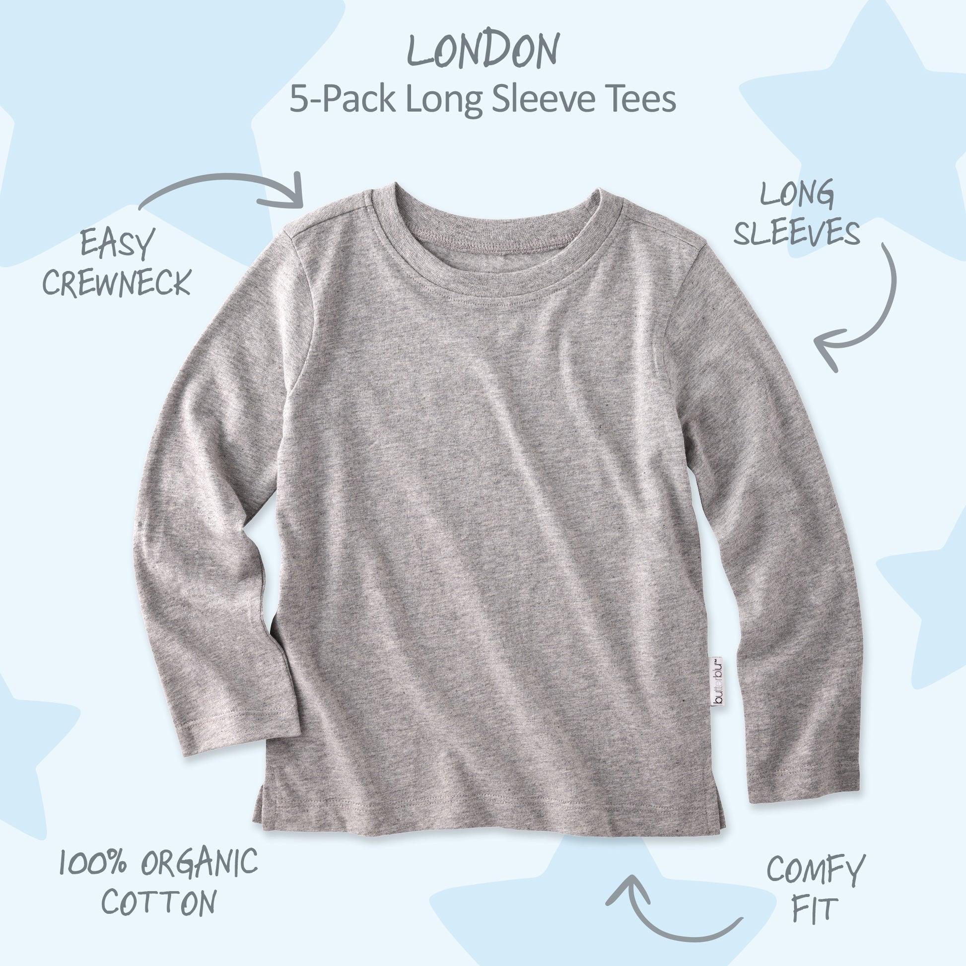 grey long sleeve tee shirt with descriptions, on a blue star background