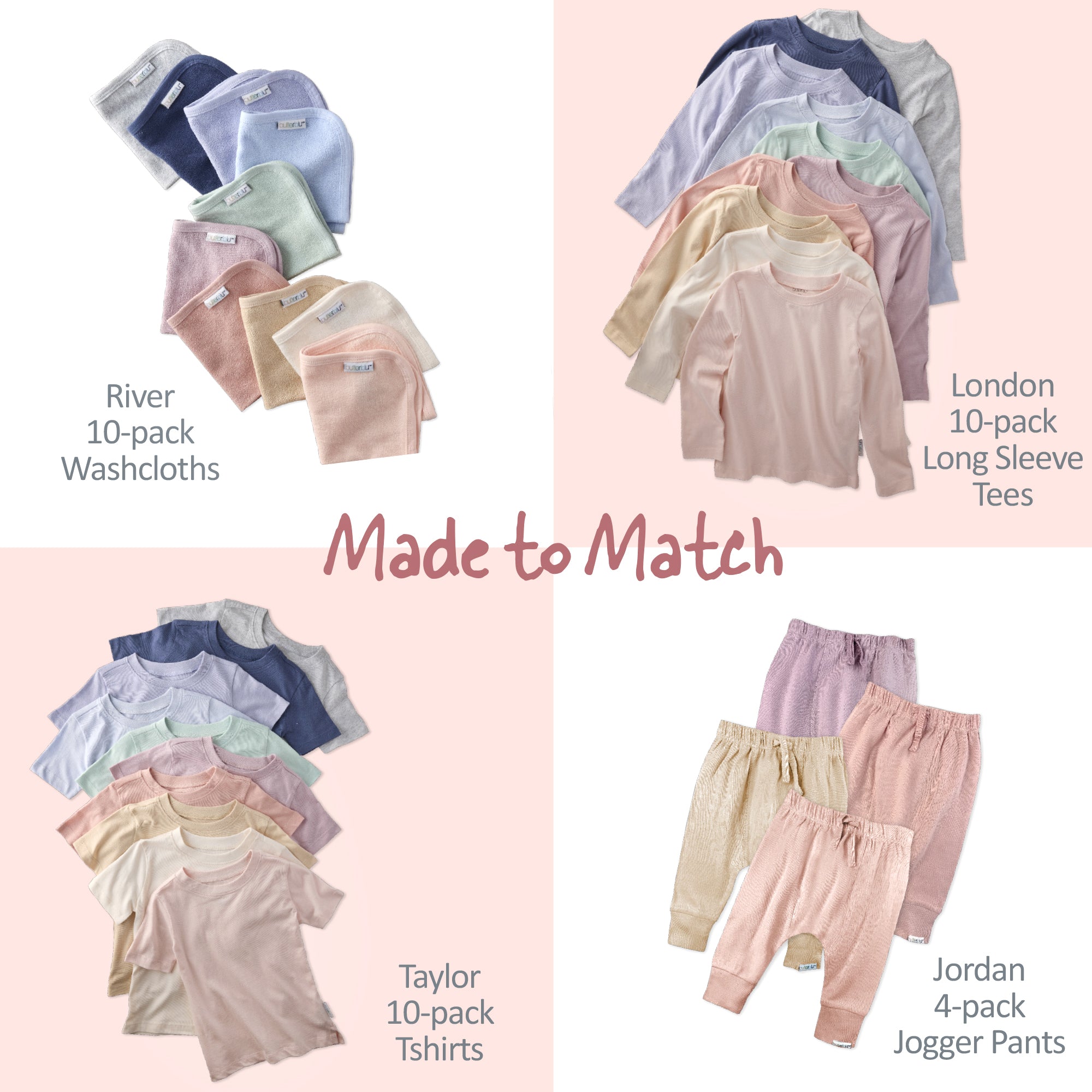 Collage with river washcloths, london long sleeves, taylor tshirt, jordan jogger pants