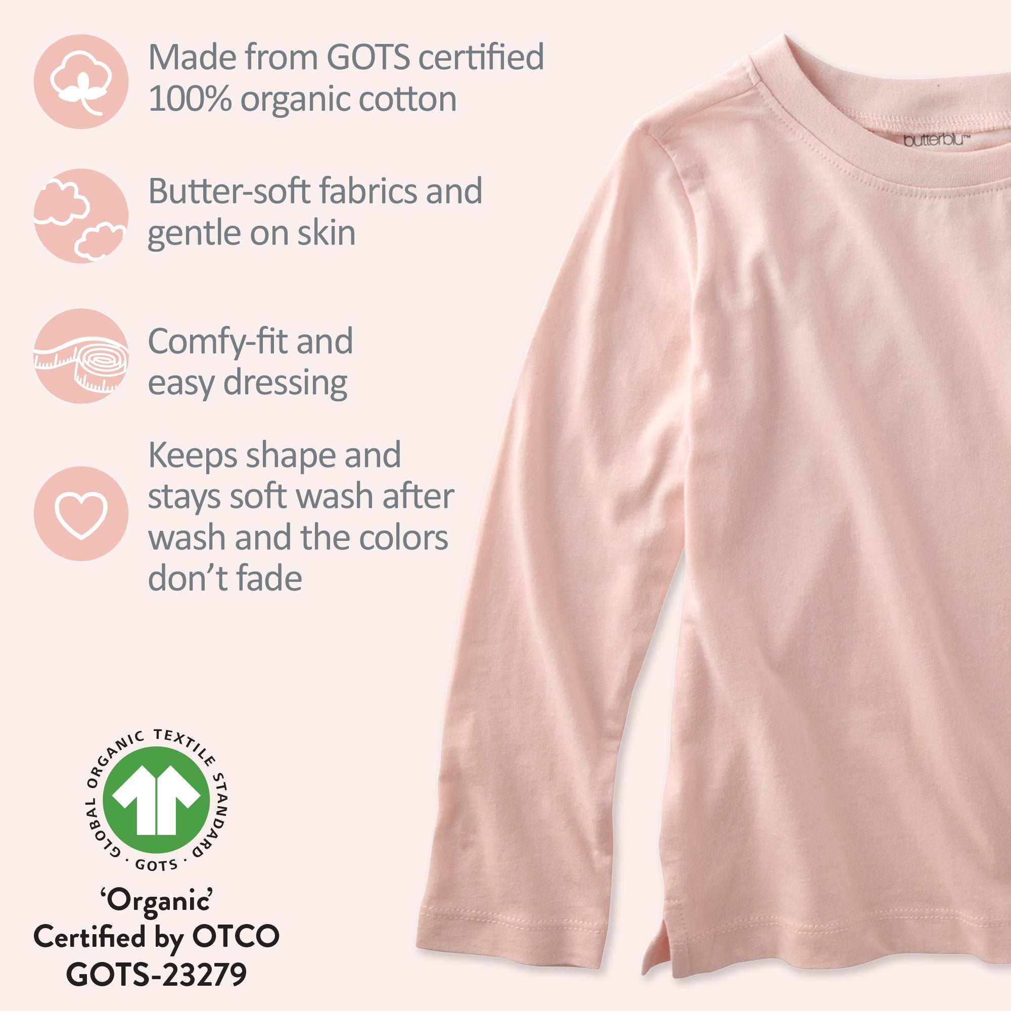 Long sleeve pink long sleeve with GOTS certification descriptions