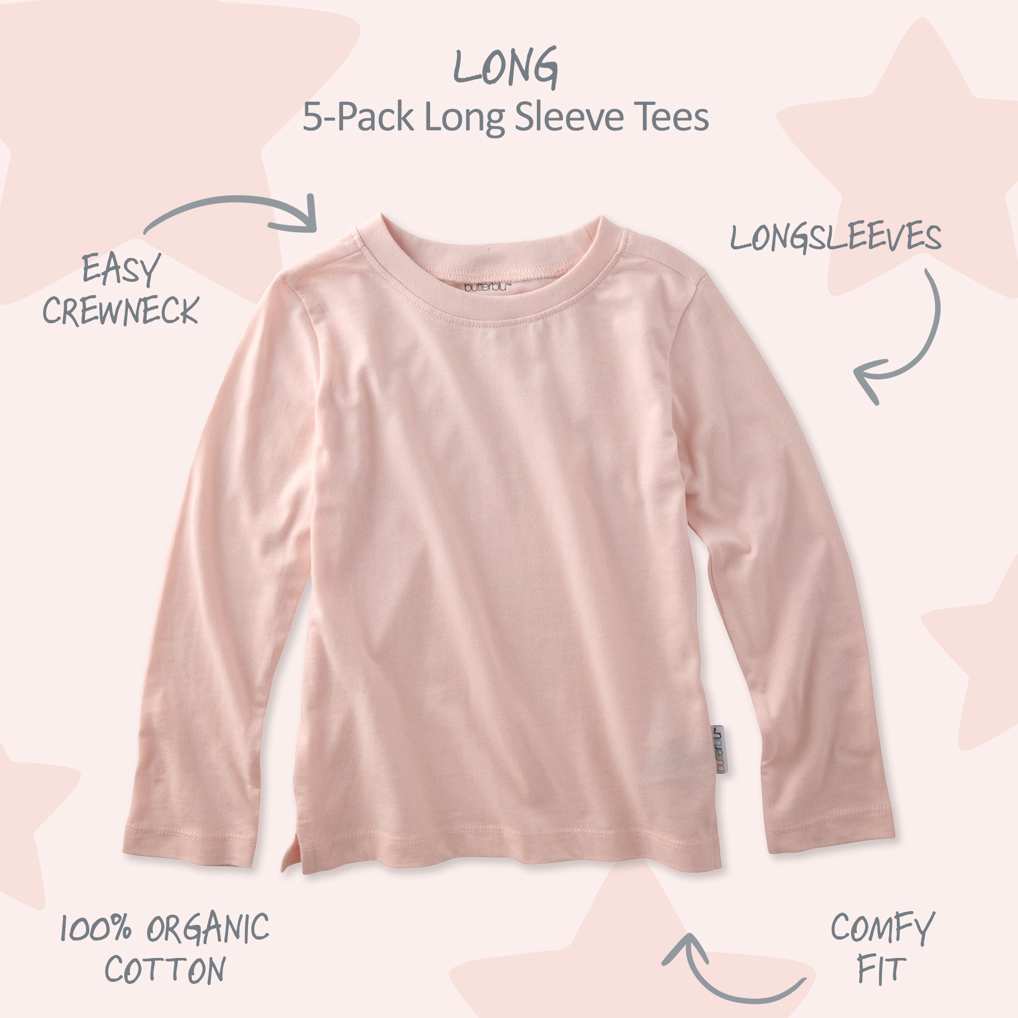 Pink long sleeve with details written on a pink background with stars