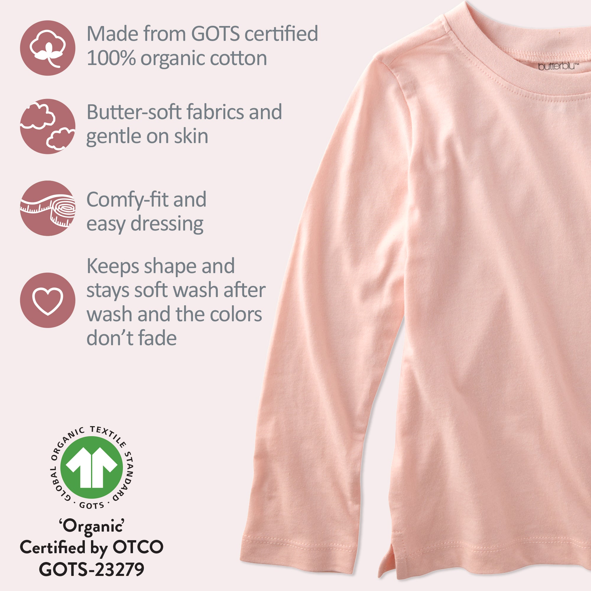 Long sleeve pink tee shirt with GOTS certification badges