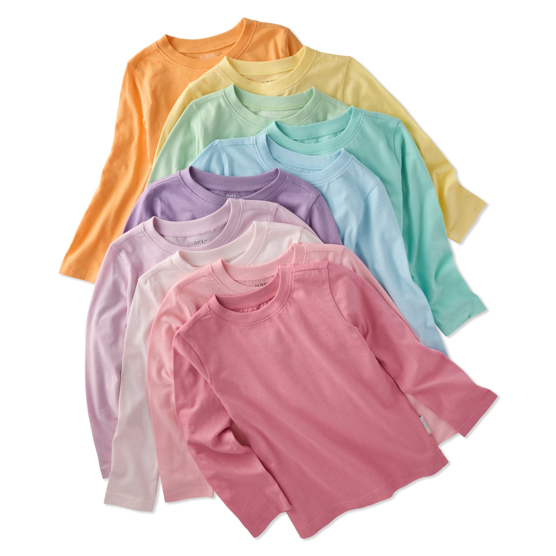 Rainbow and pink long sleeve tee shirts on a white background