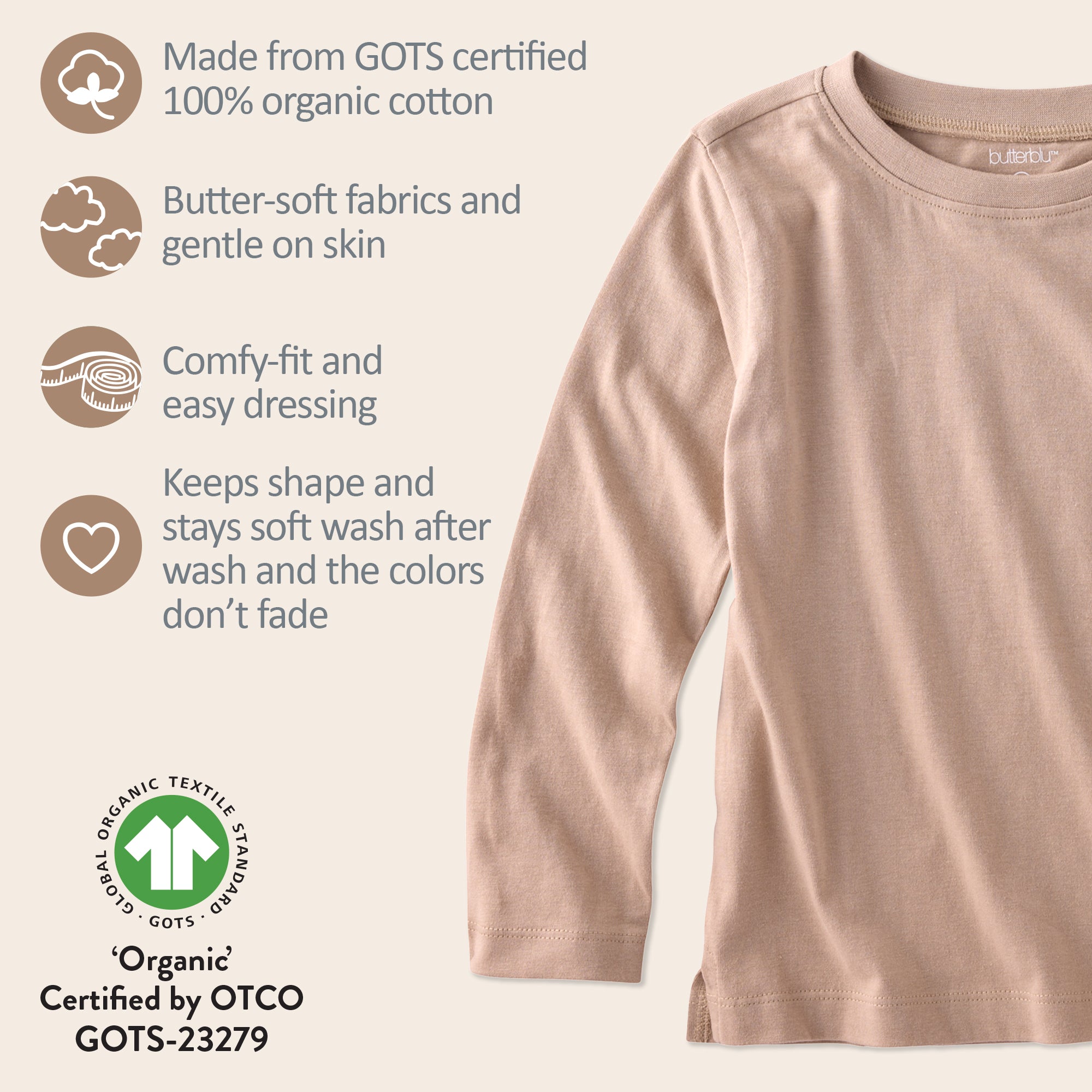 Long sleeve neutral long sleeve with GOTS certification badges