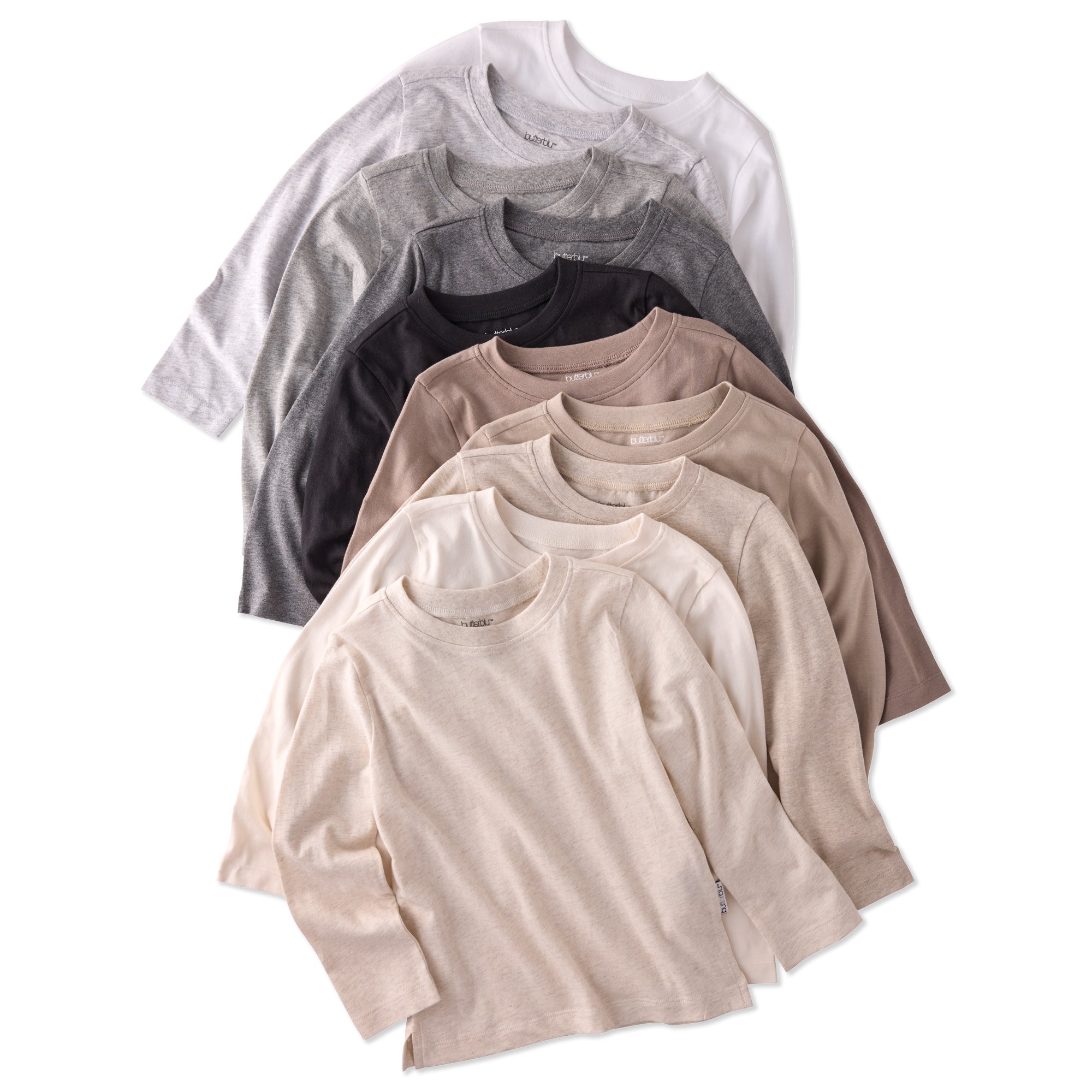 10 stone and natural long sleeve tees on a white background