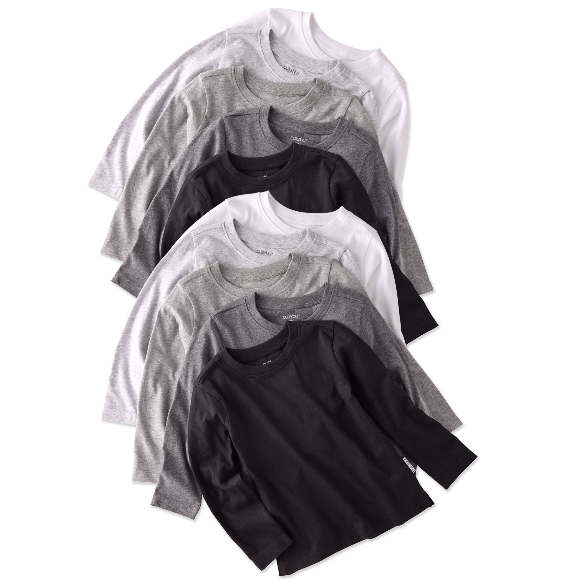 white, grey, and black long sleeve tees on a white background