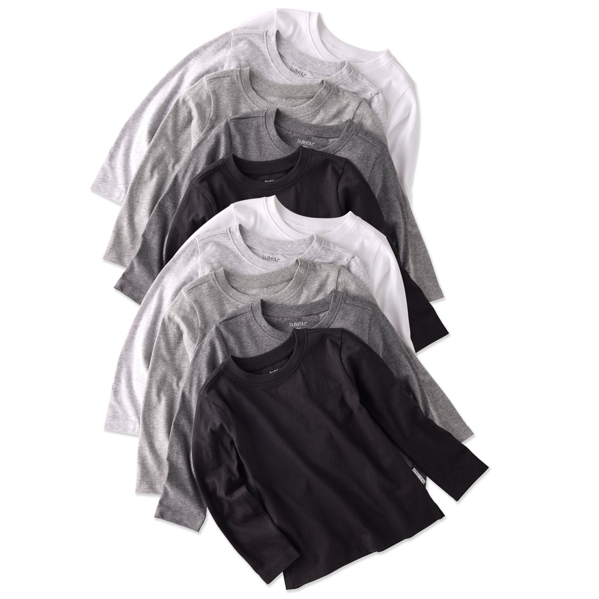 white, grey, and black long sleeve tees on a white background