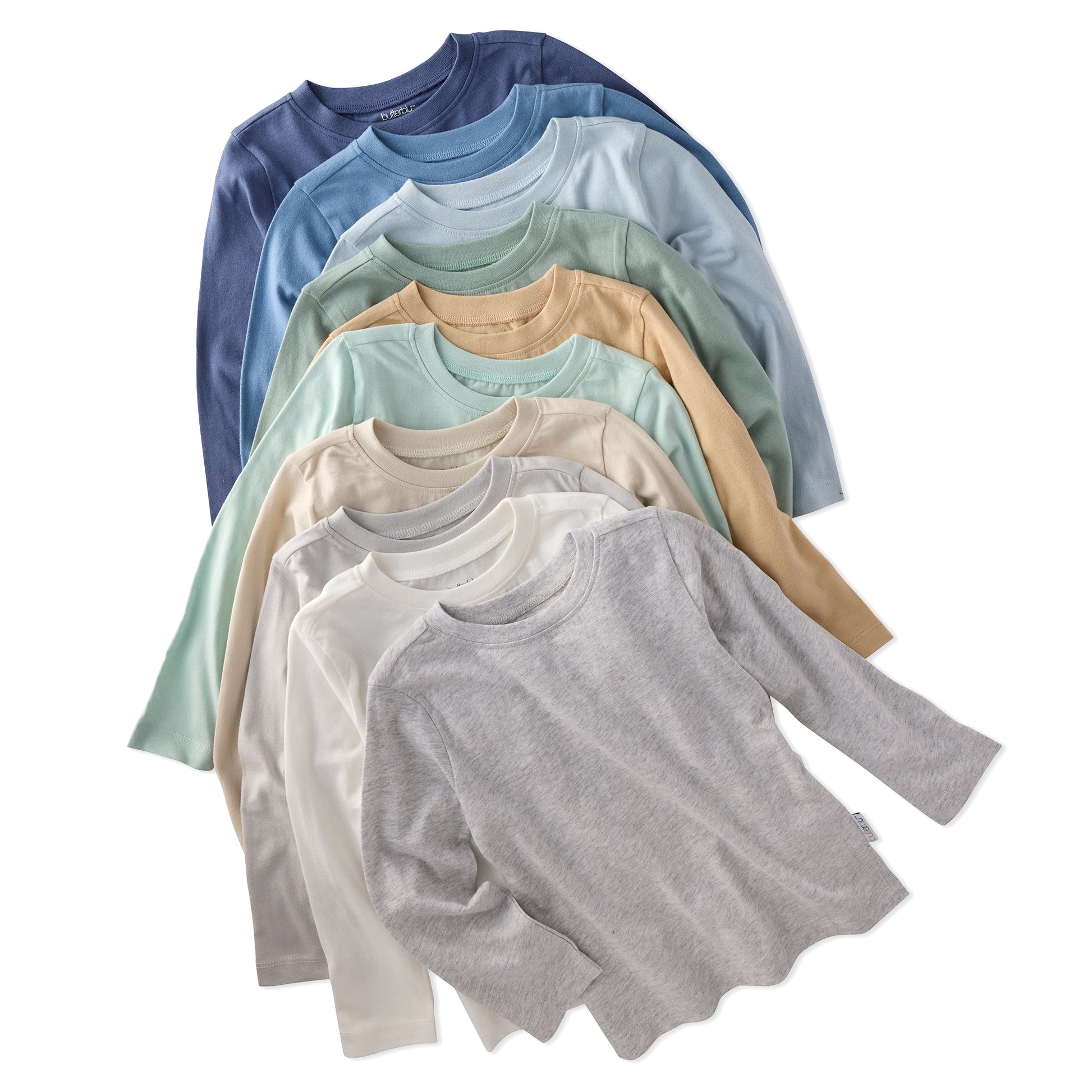 Blue, tan, and grey long sleeves on a white background