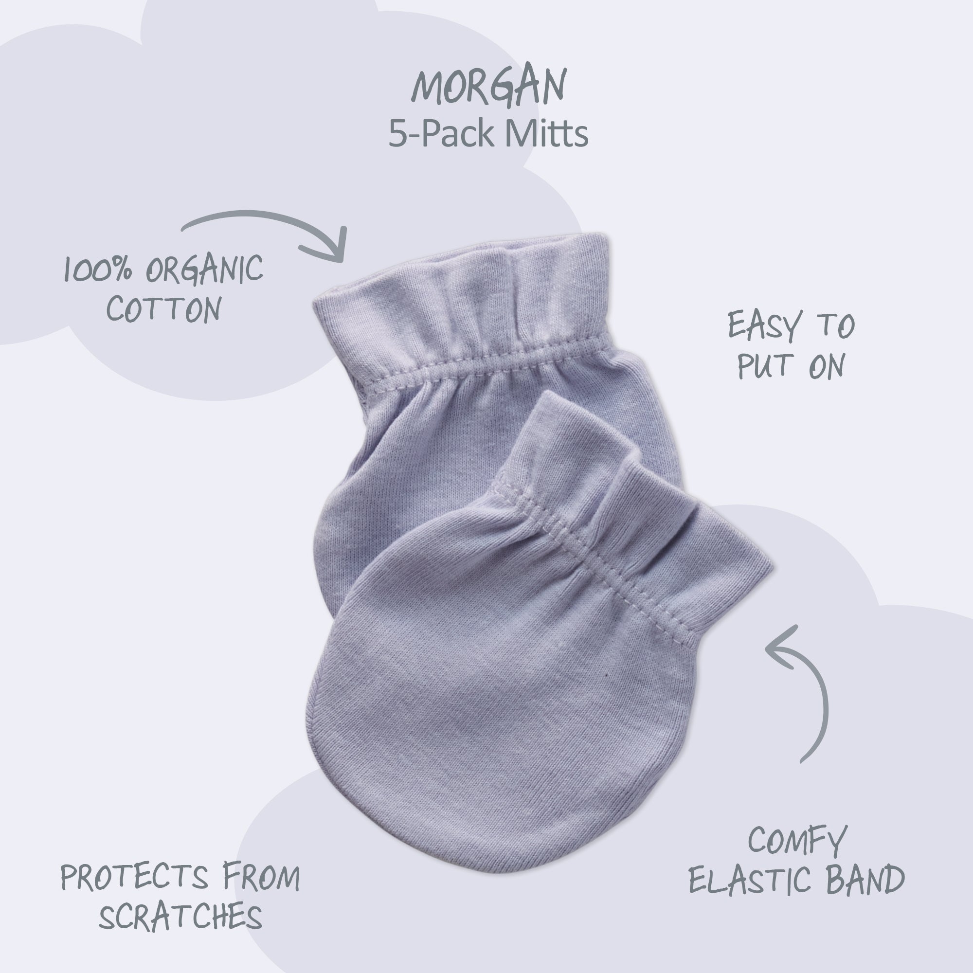 Gray baby mittens with text highlighting features on a white background