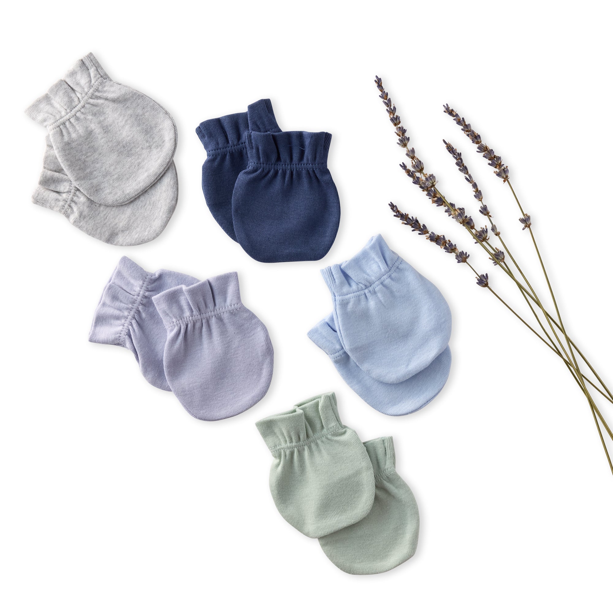 Set of baby mittens in gray, blue, and green on a white background with lavender flowers.