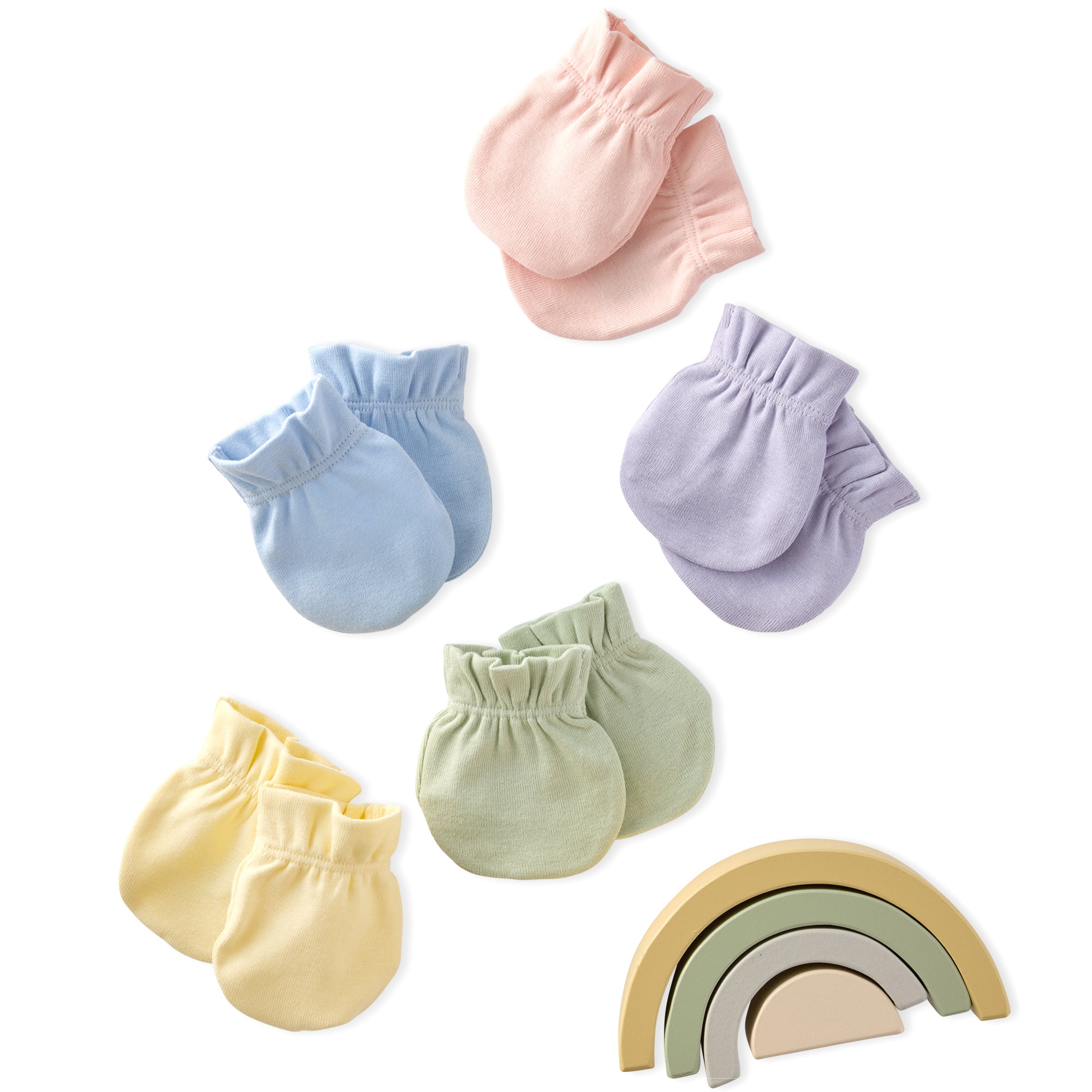 Set of colorful baby mittens on a white background