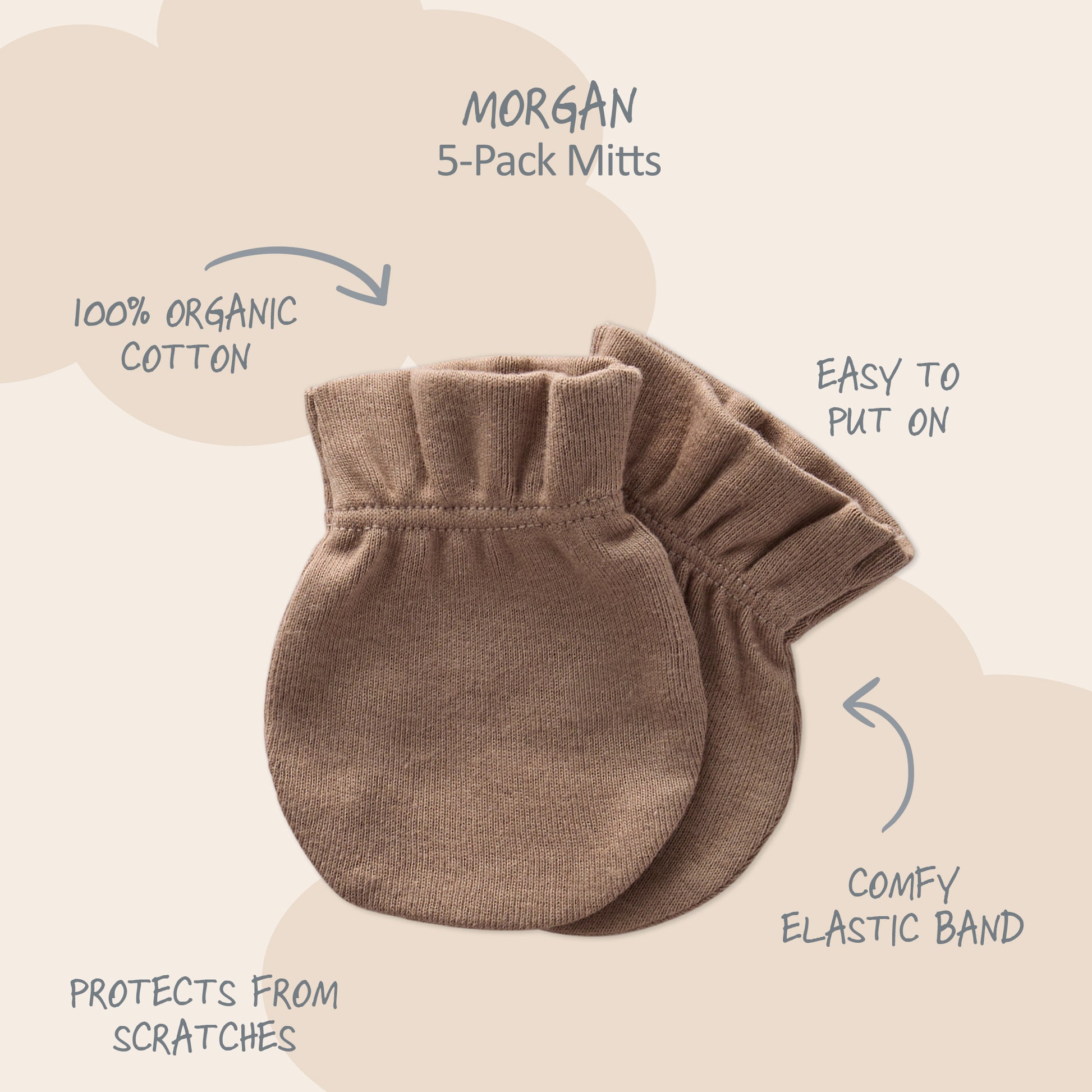 Brown baby mittens with text highlighting features on a beige background