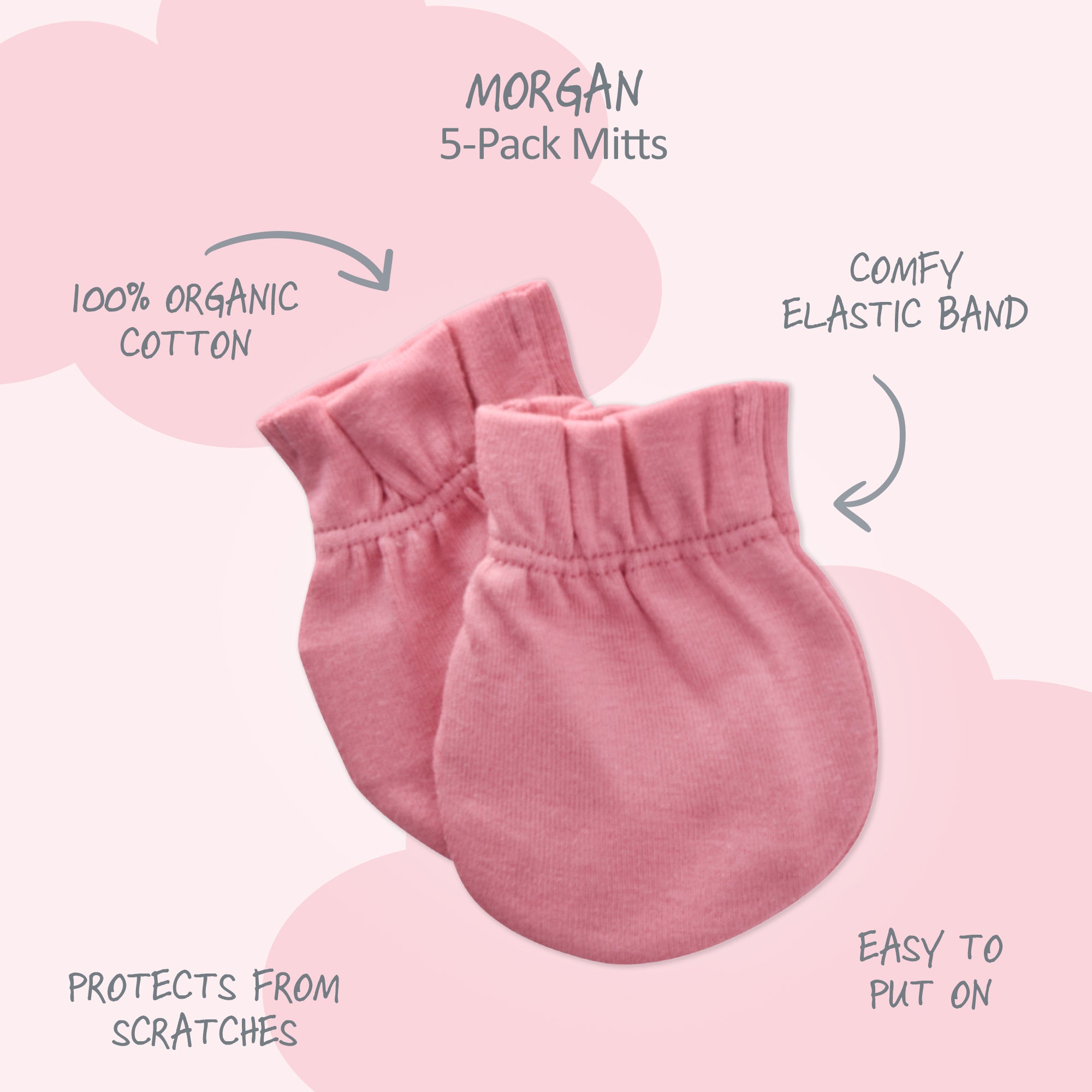 Pink baby mittens with text highlighting features on a pink background