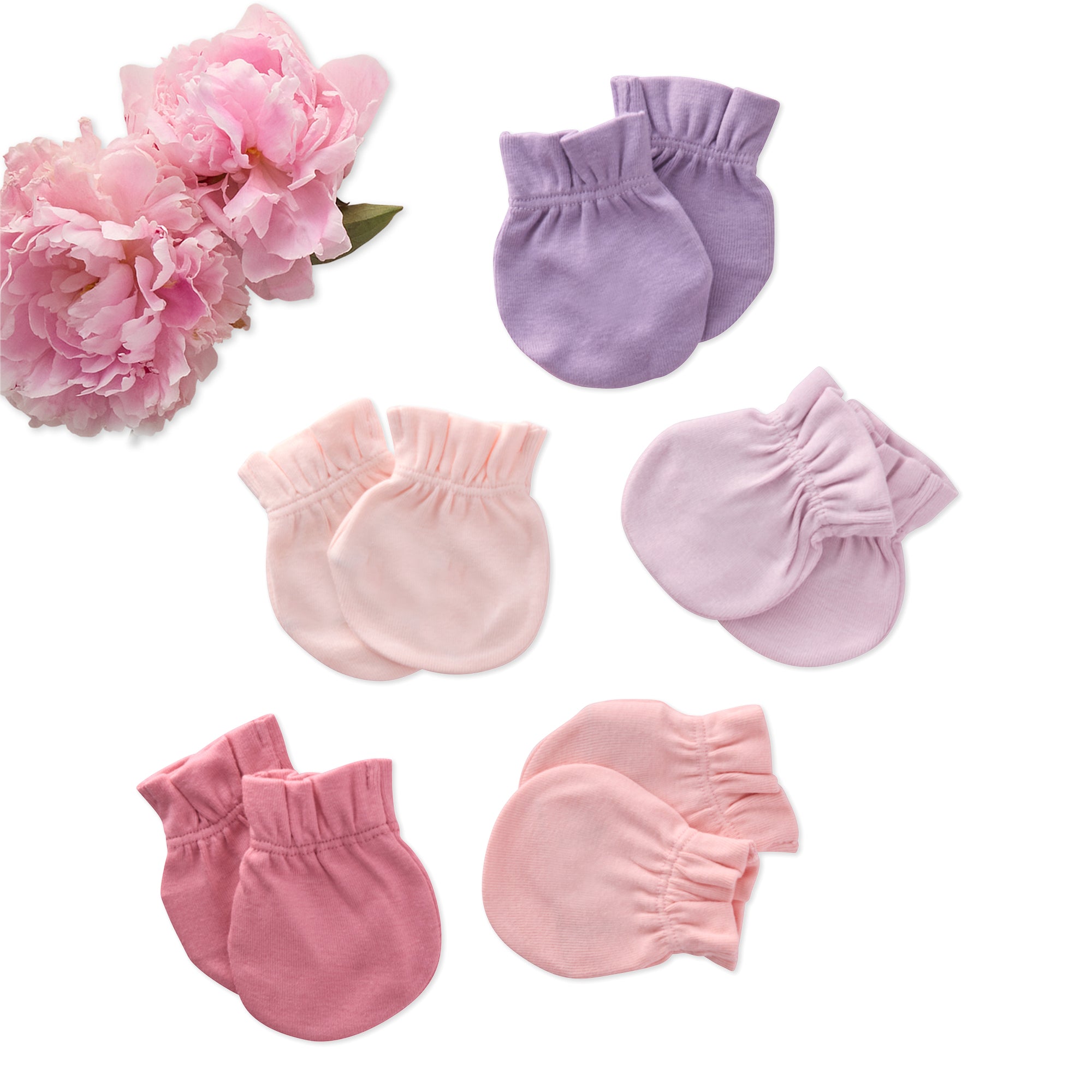Set of baby mittens in pink and purple on a white background with a pink flower.