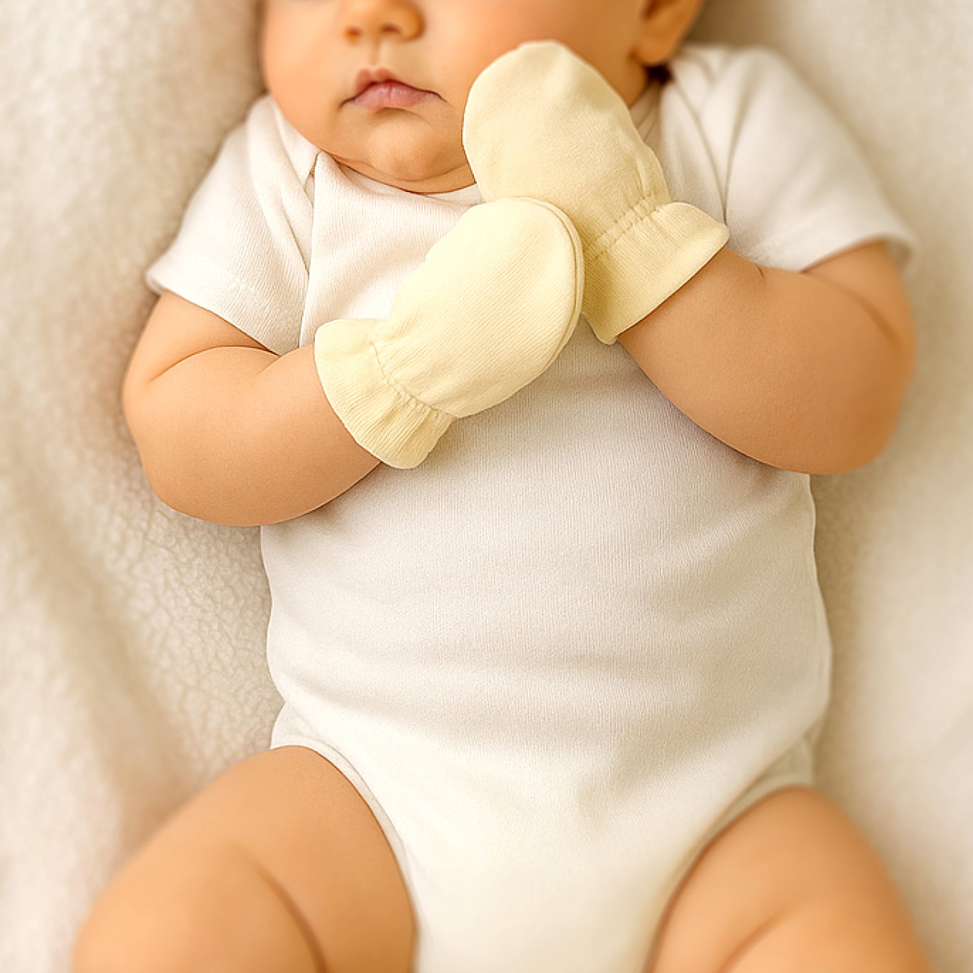 Baby in a white onesie holding cream-colored mittens against a neutral background