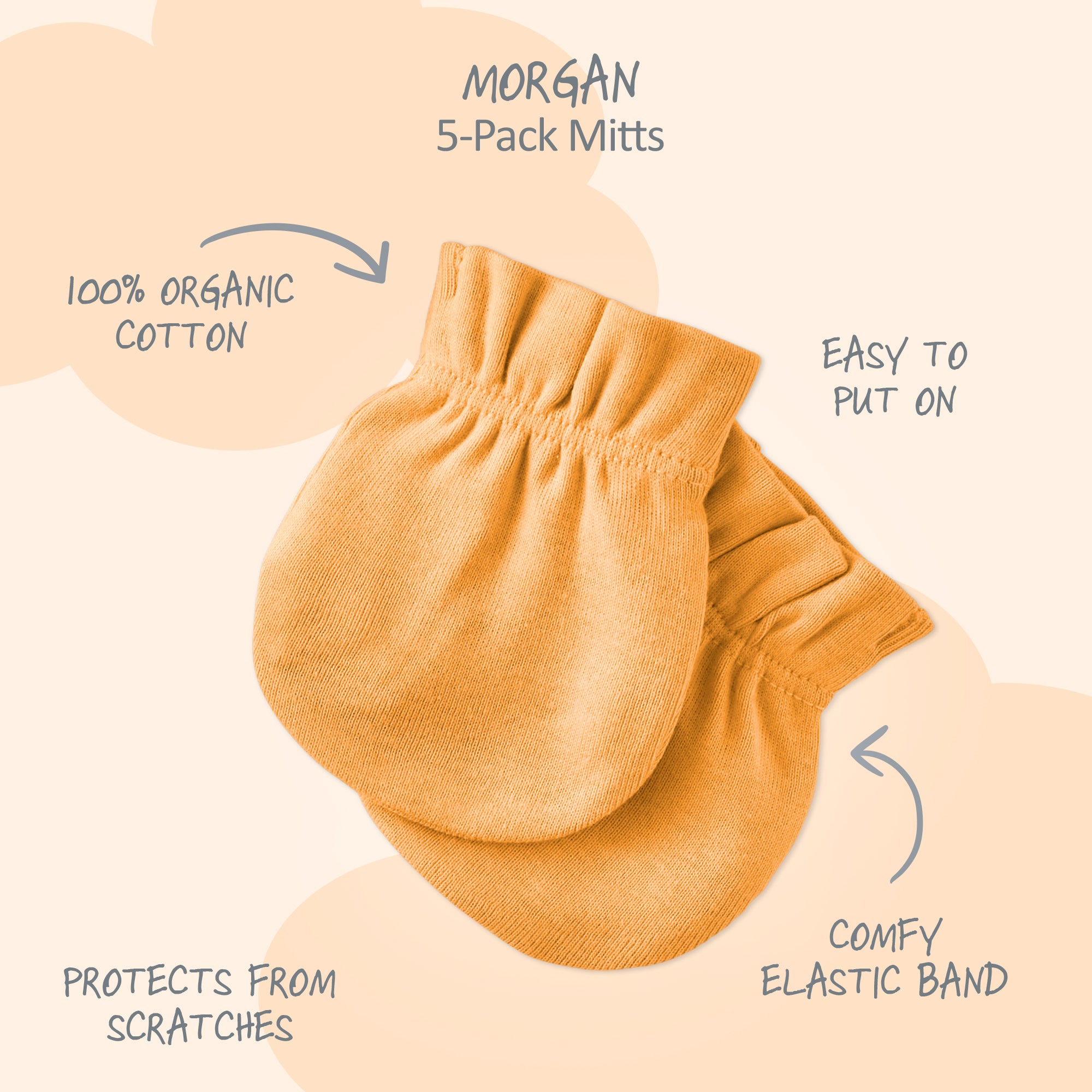 Orange baby mittens with text highlighting features on a beige background