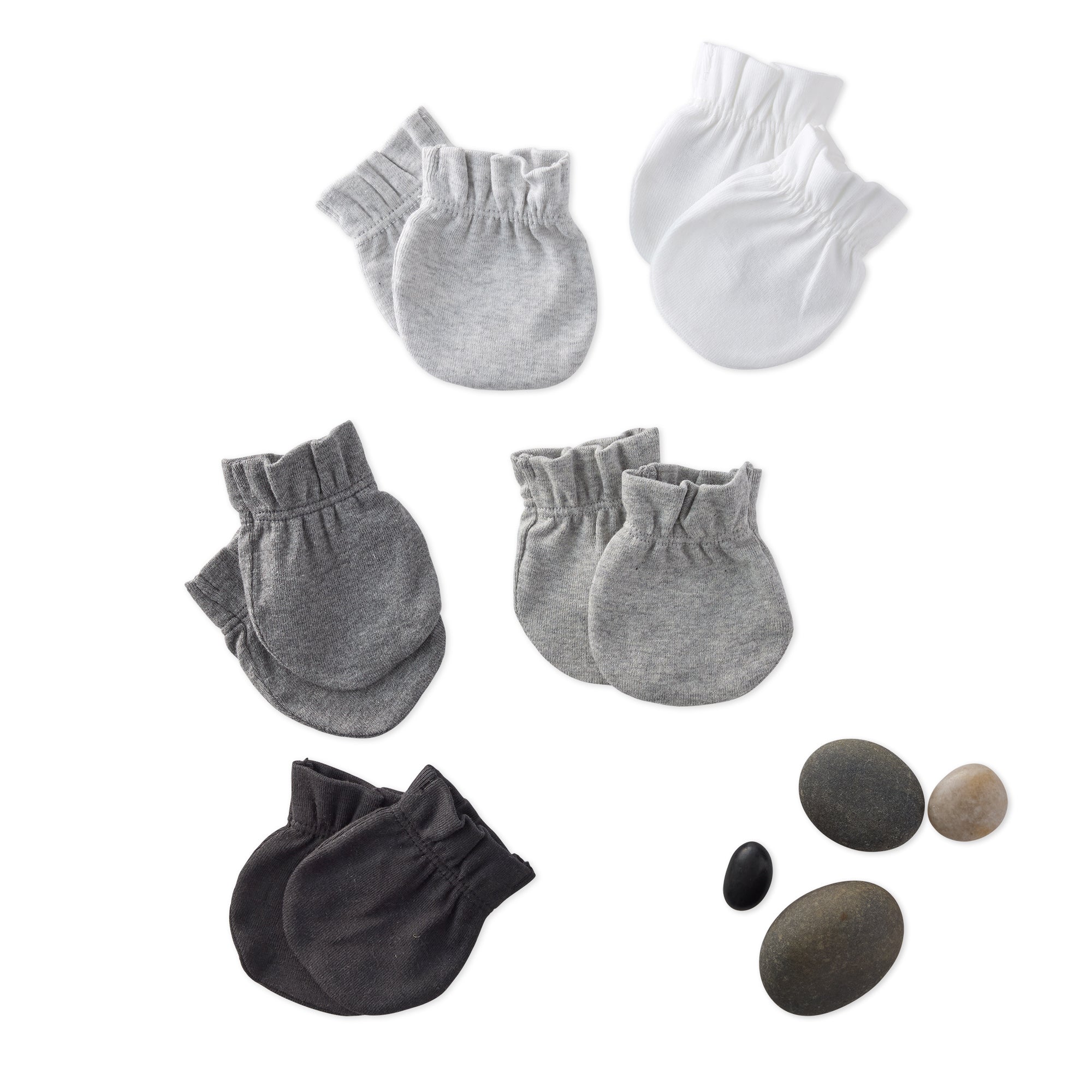Set of gray and black baby mitts with small stones on a white background