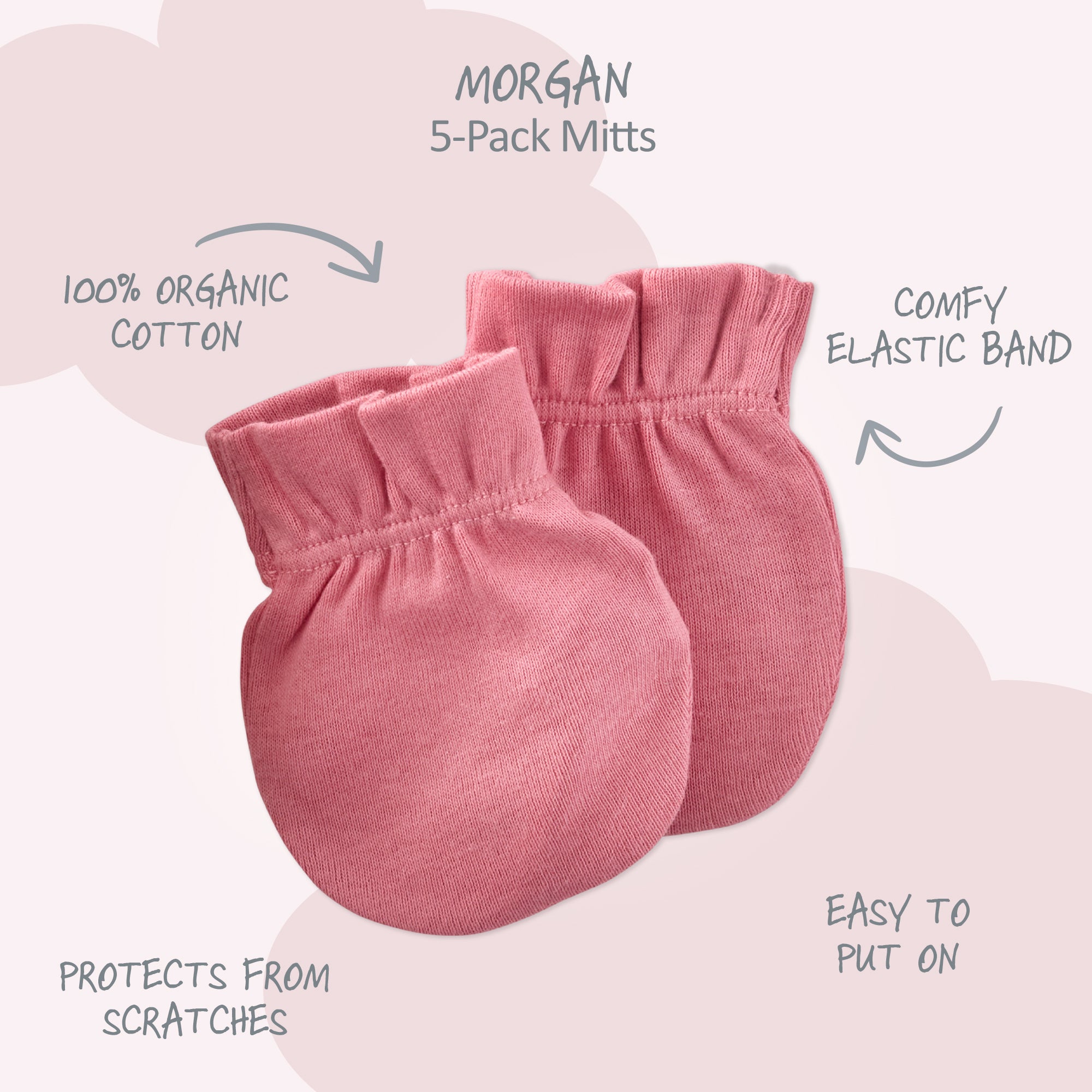 Pink baby mittens with text highlighting features on a light pink background