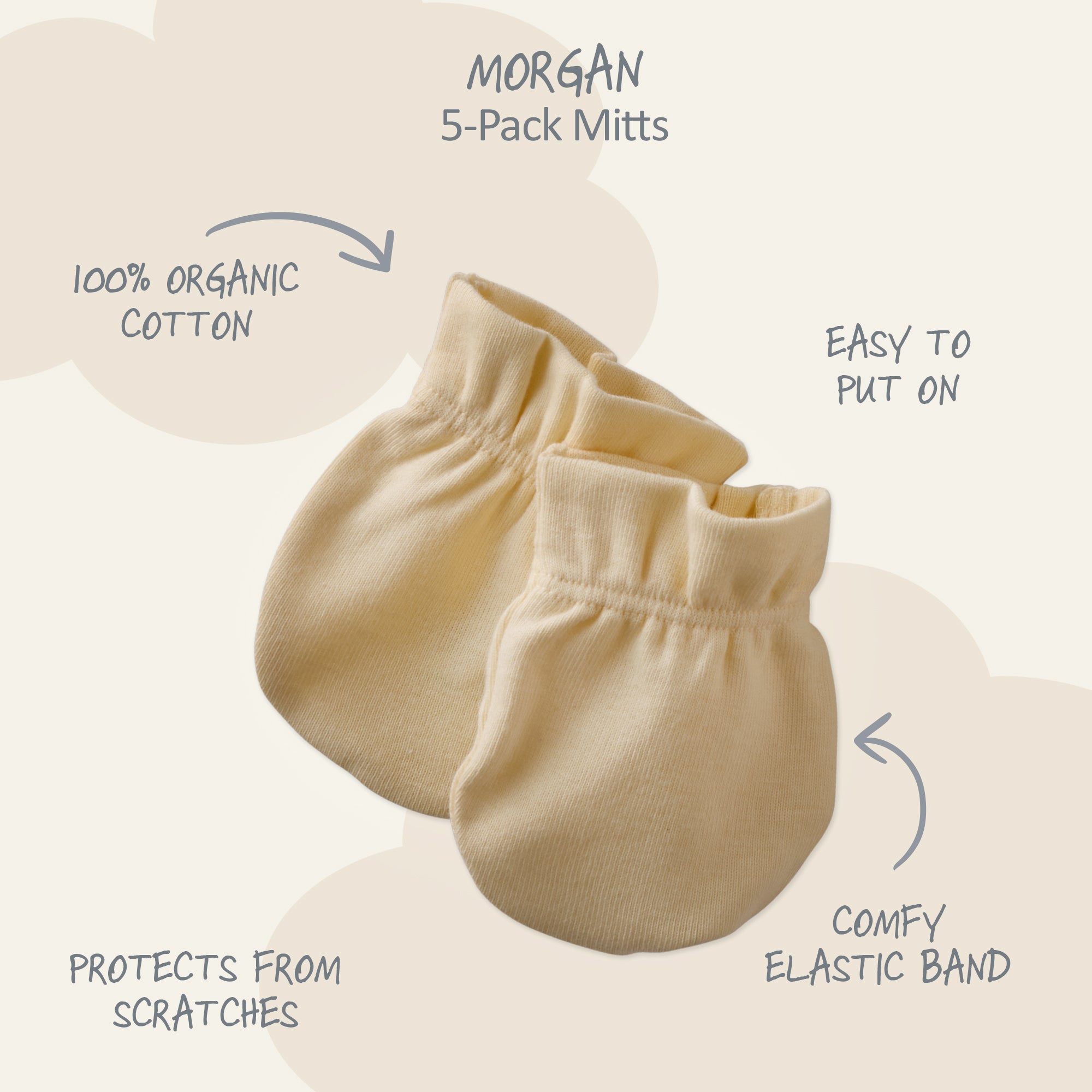 Beige baby mittens with text highlighting features on a light background