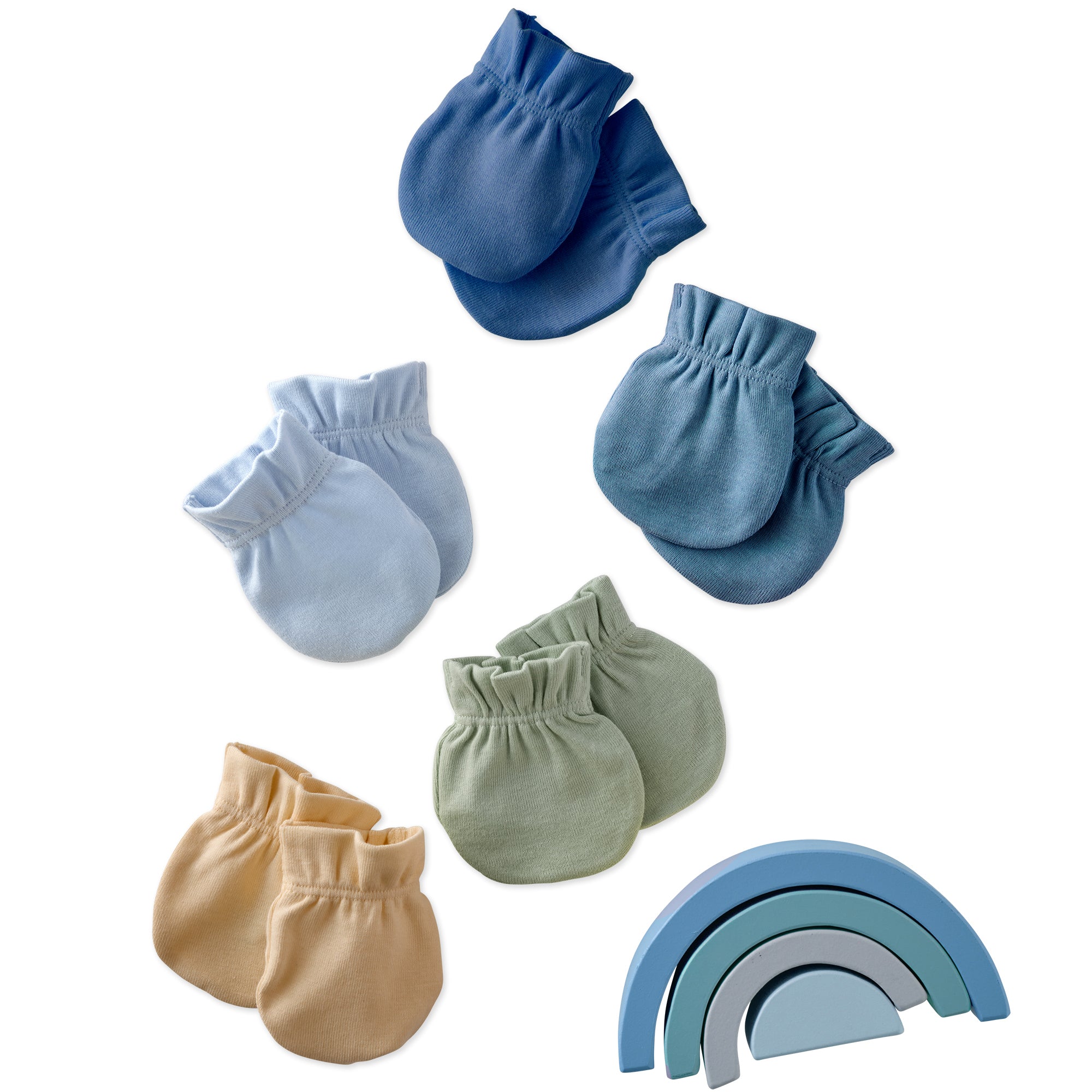 Set of baby mittens in blue, light blue, green, and beige on a white background.