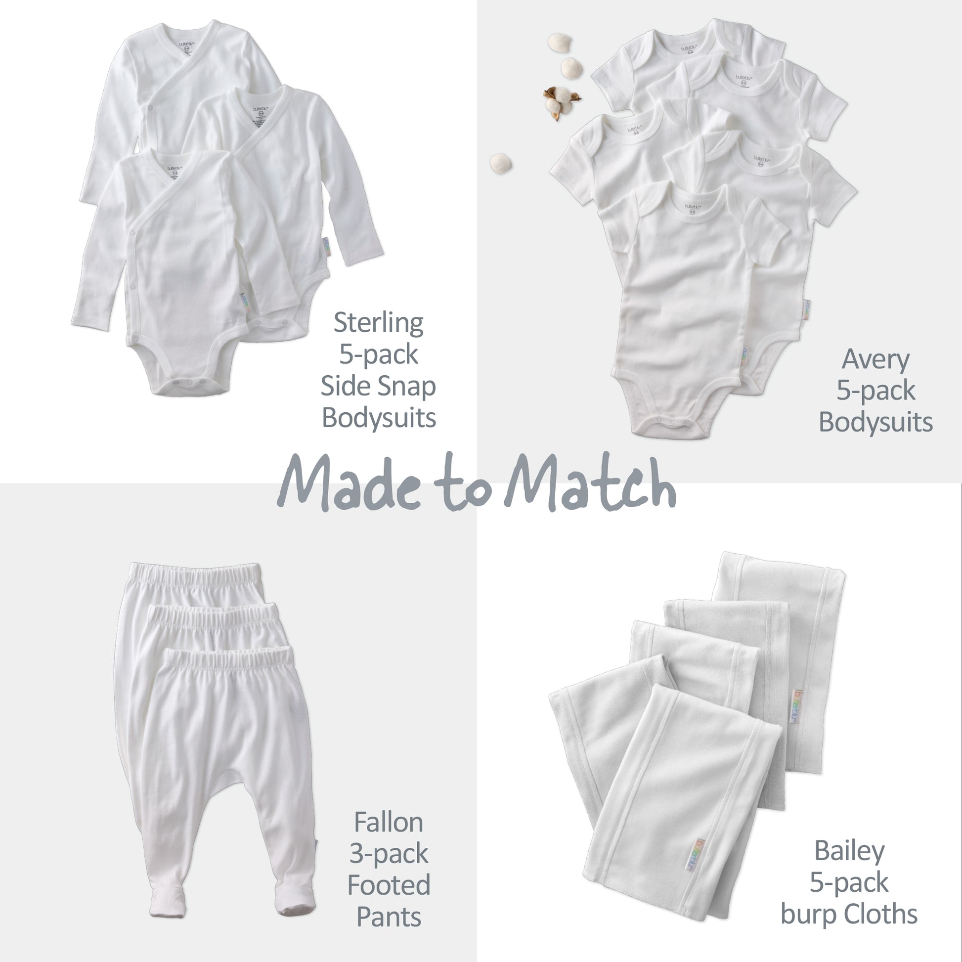 Baby clothing set with bodysuits, footed pants, and burp cloths on a white background.