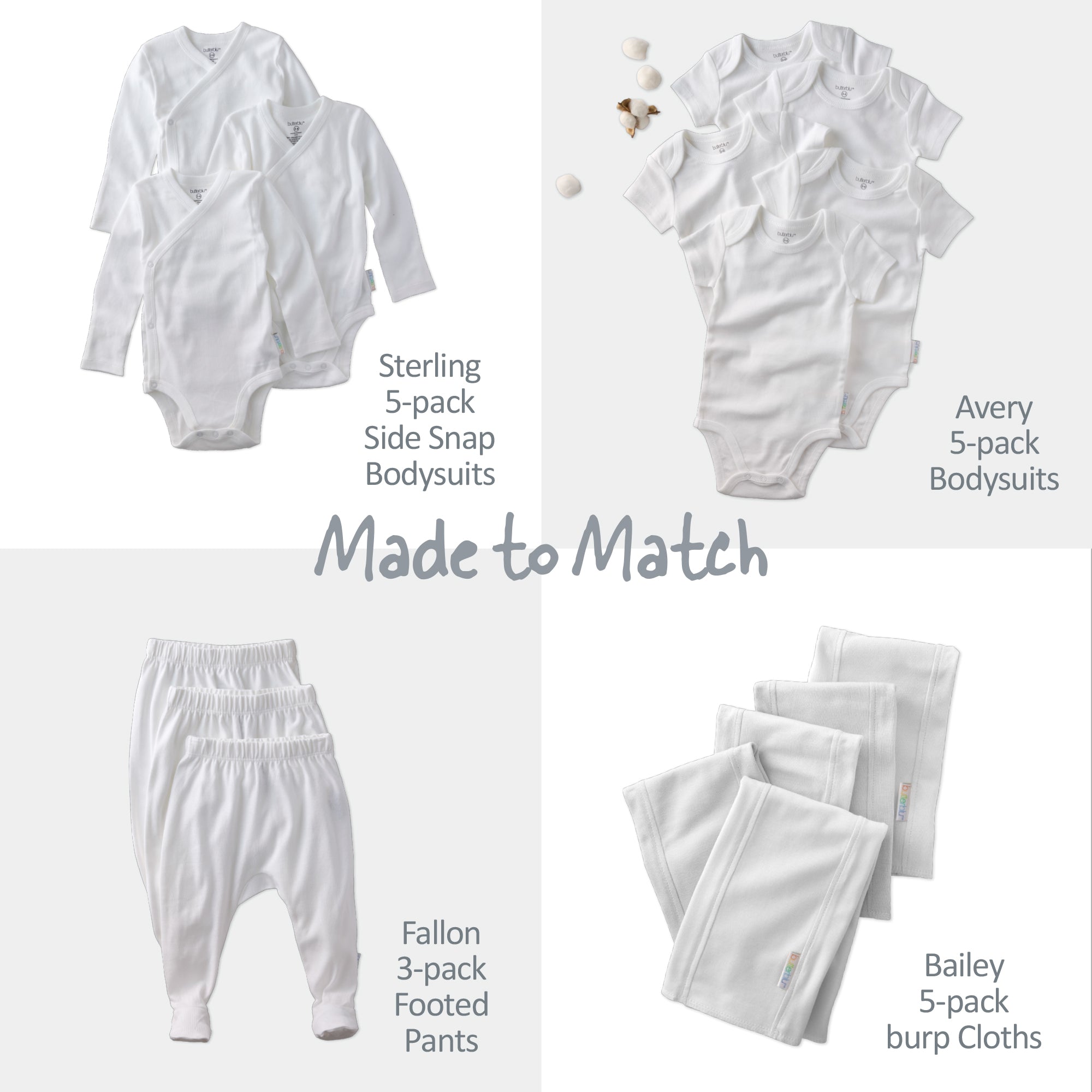Baby clothing set with bodysuits, footed pants, and burp cloths on a white background.