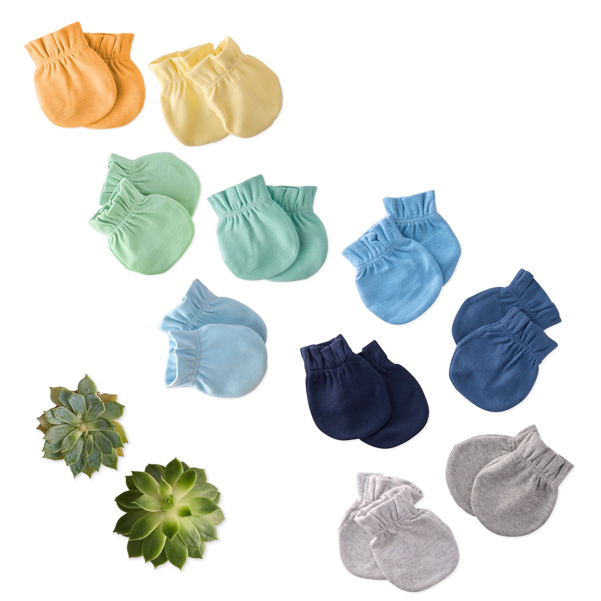 Set of colorful baby mittens arranged in a grid with succulents on a white background