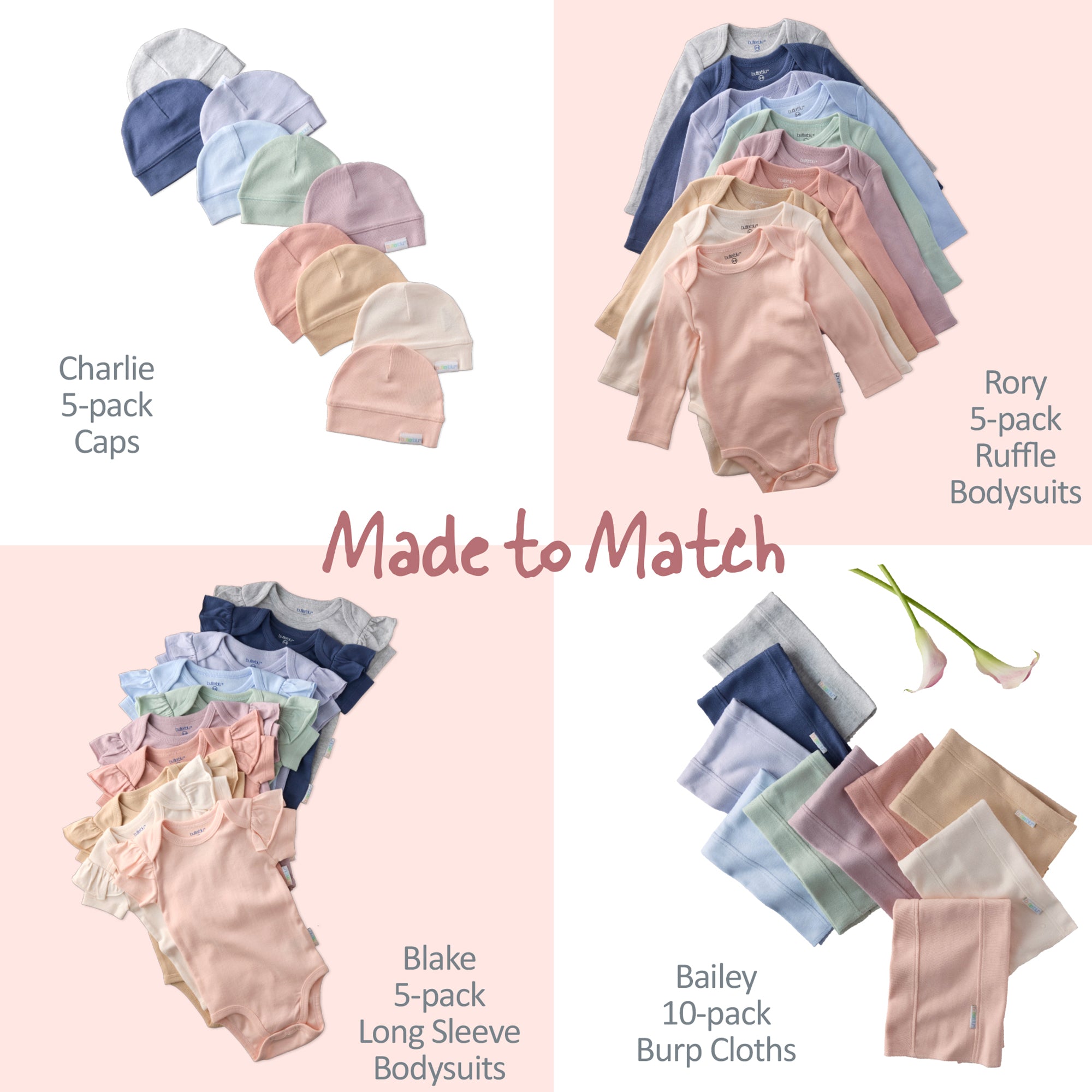 Baby clothing sets including caps, bodysuits, and burp cloths on a pink background.