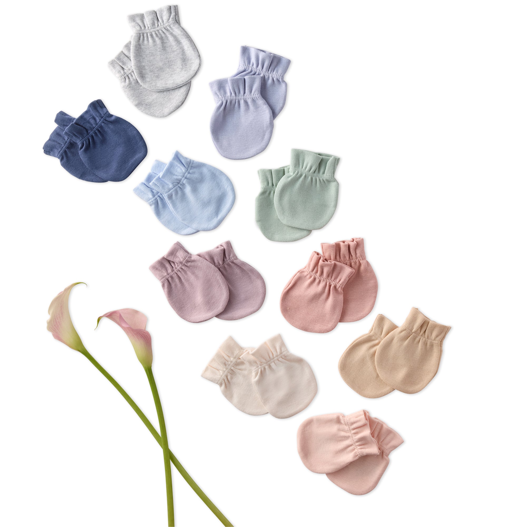 Set of baby mittens in various colors on a white background with flowers.