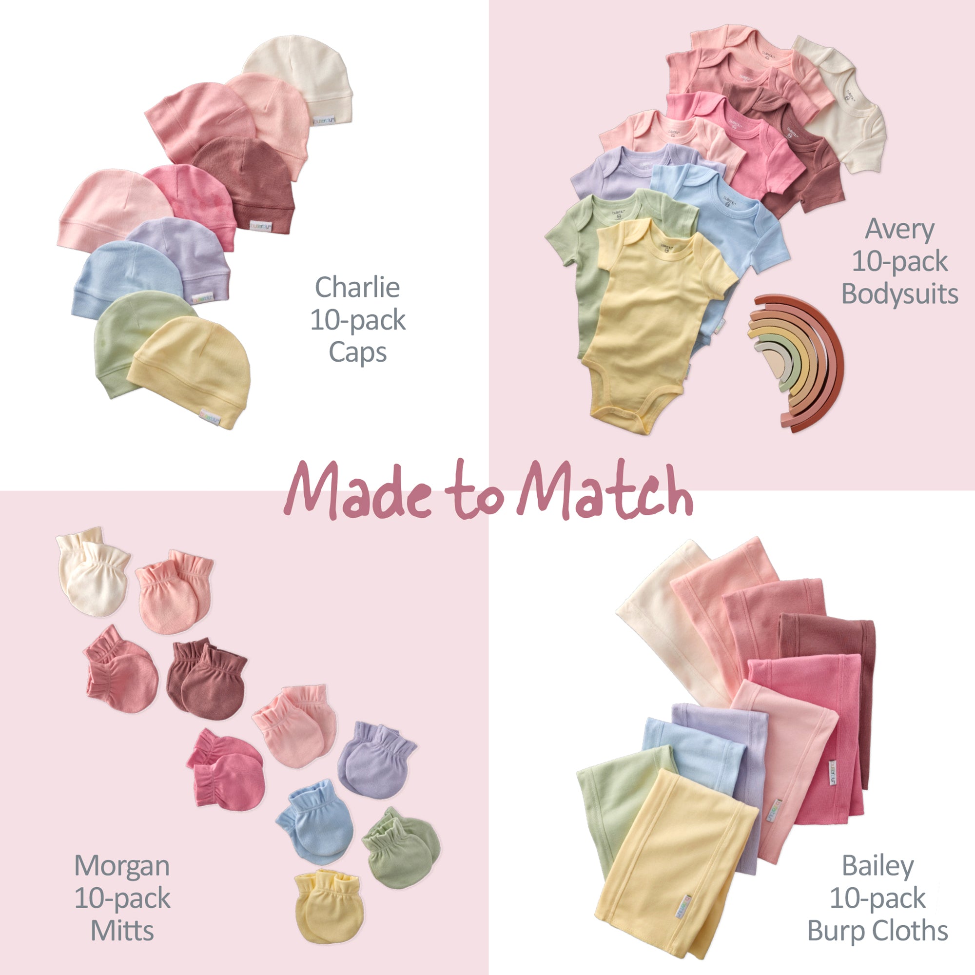 Collection of baby clothing items including caps, bodysuits, mitts, and burp cloths on a pink background.