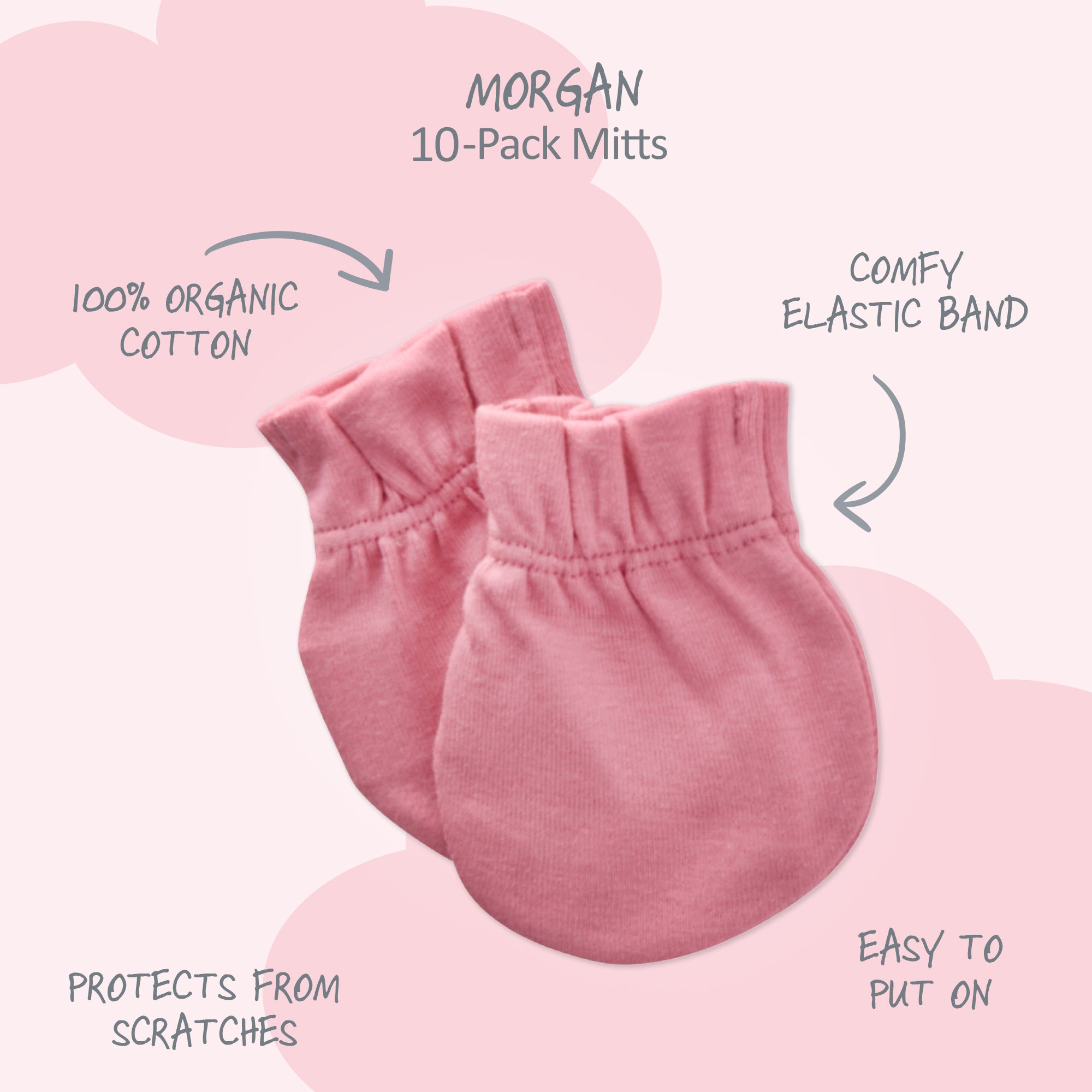Pink baby mittens with text highlighting features on a pink background
