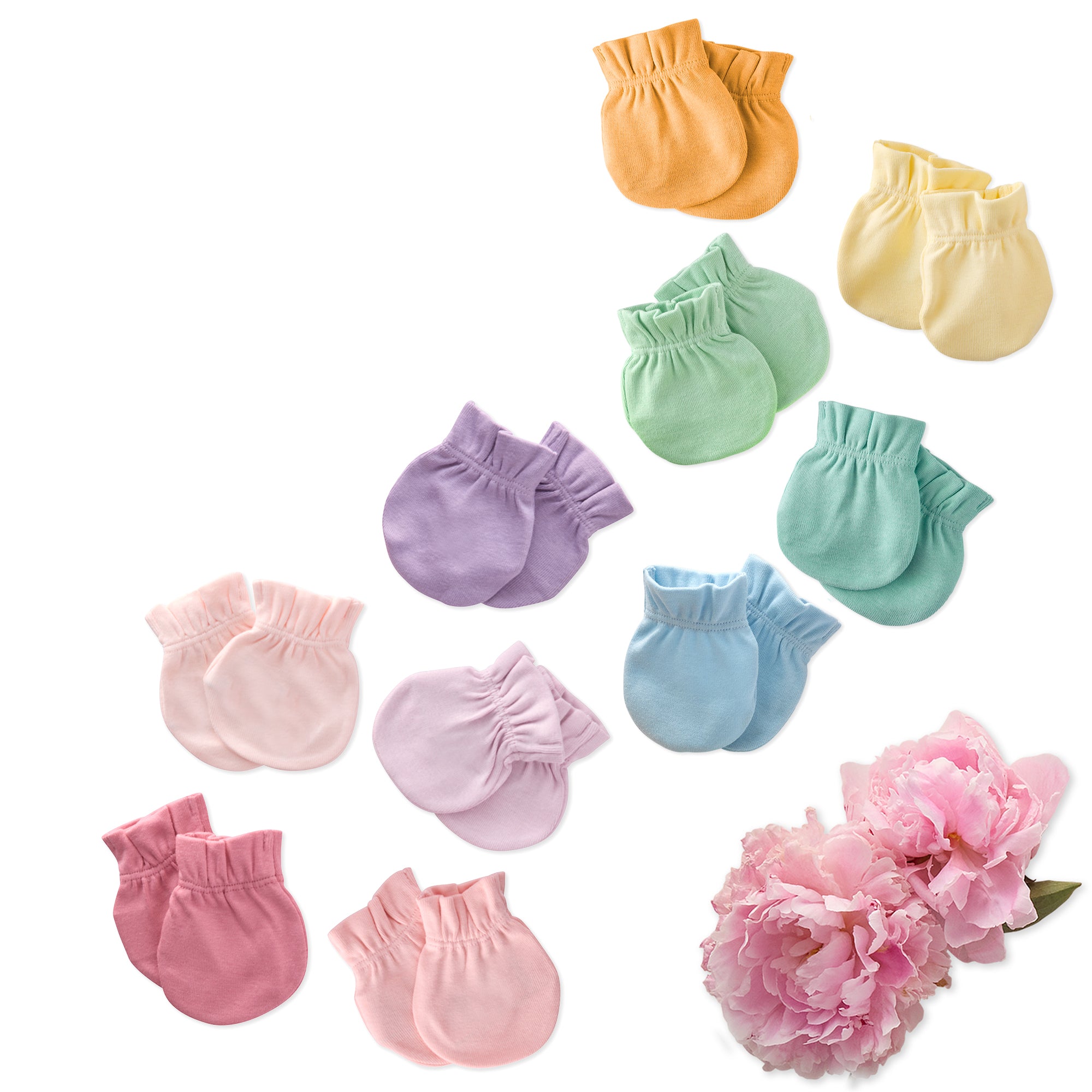 Set of colorful baby mittens on a white background with a pink flower.