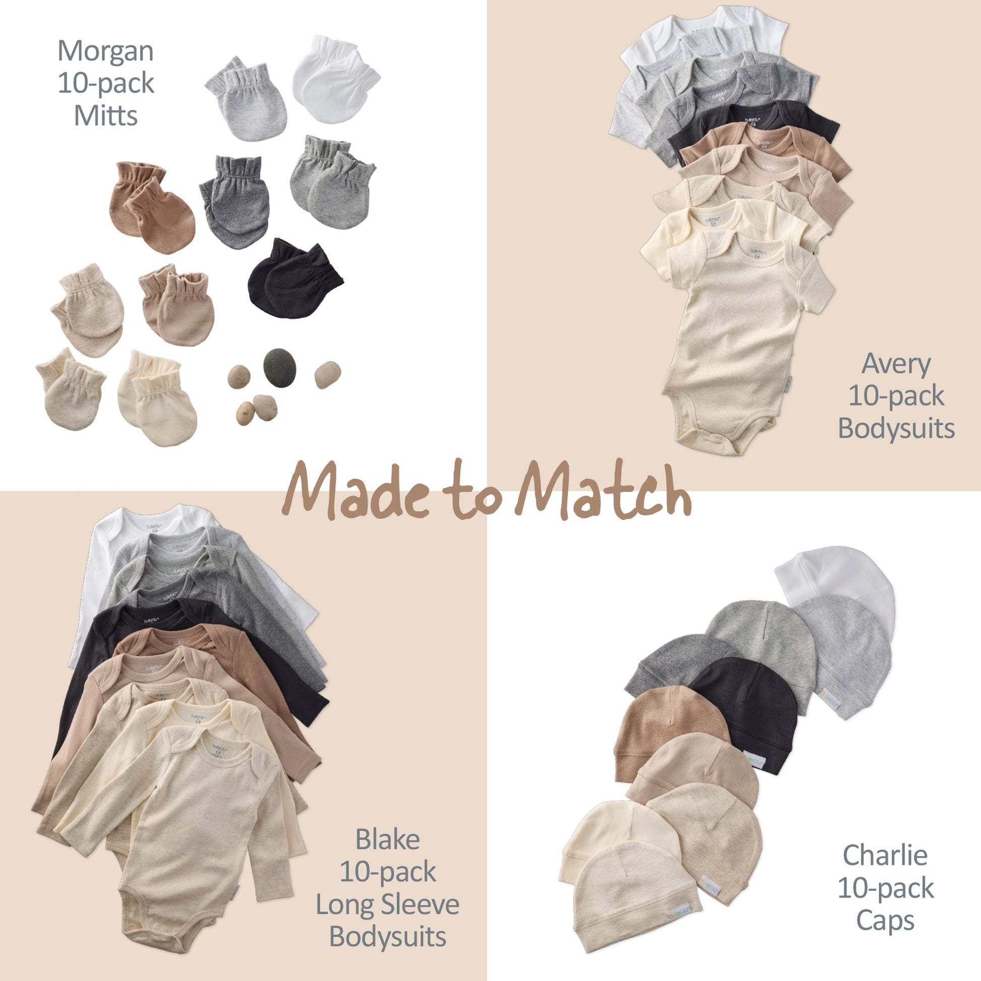 Collection of baby clothing items including mitts, bodysuits, and caps with color matching information.