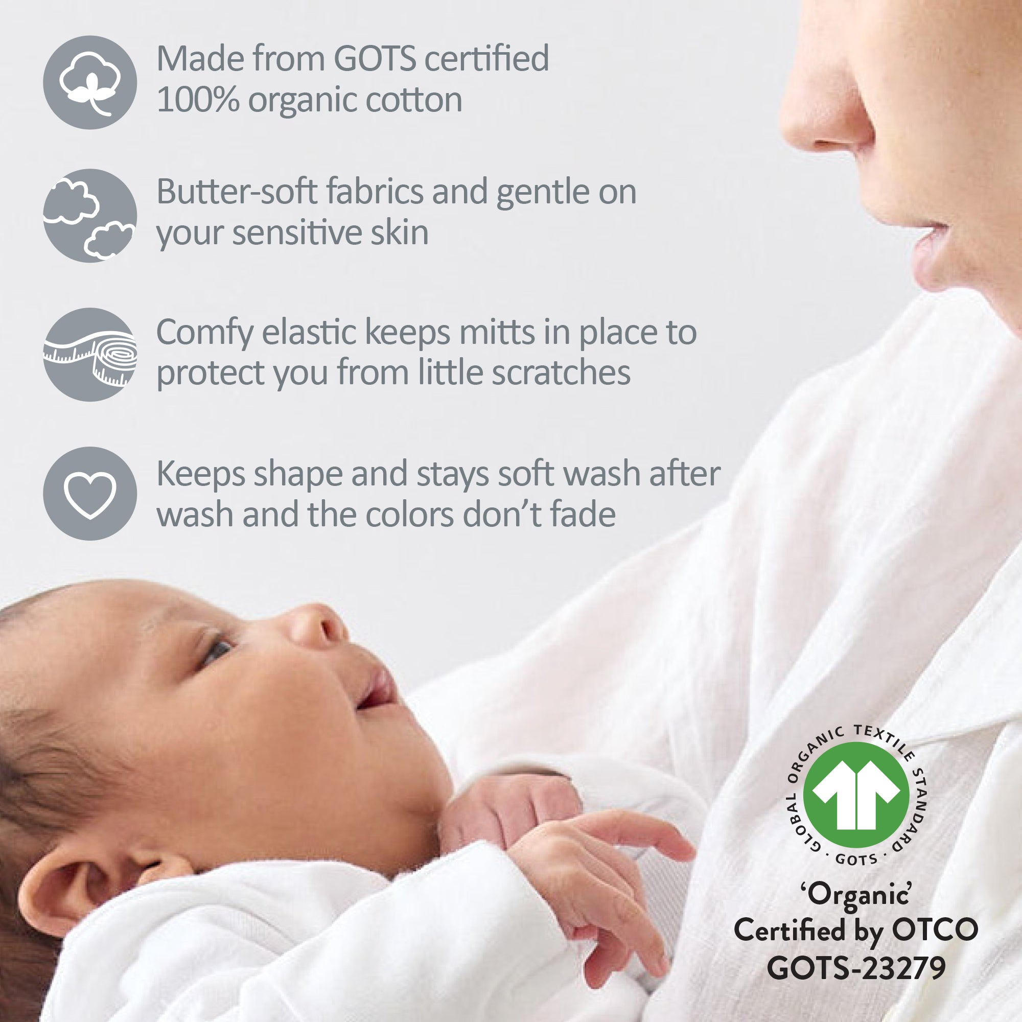 Baby being held by a person with text about organic cotton products and GOTS certification.