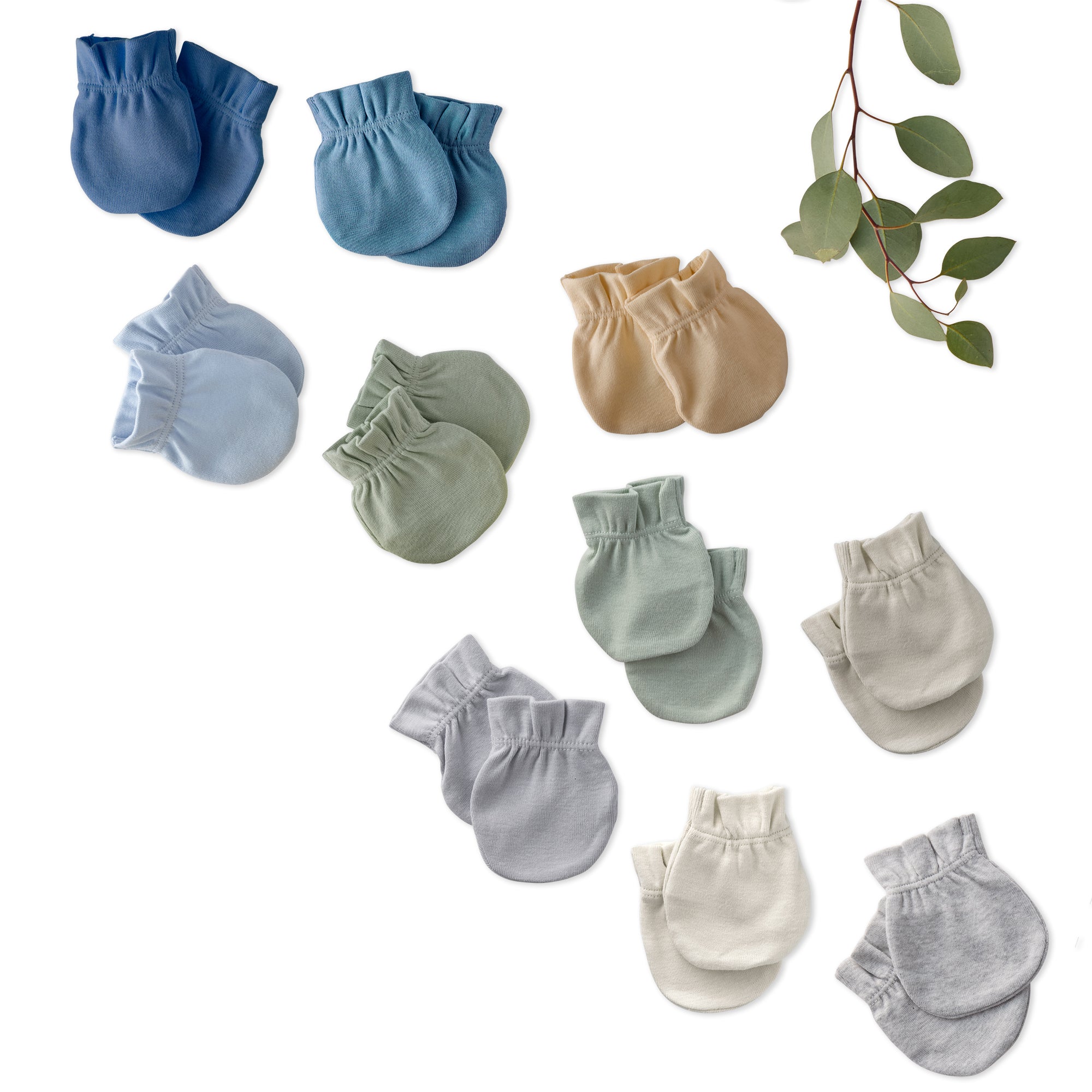 Set of baby mittens in various colors on a white background with green leaves.