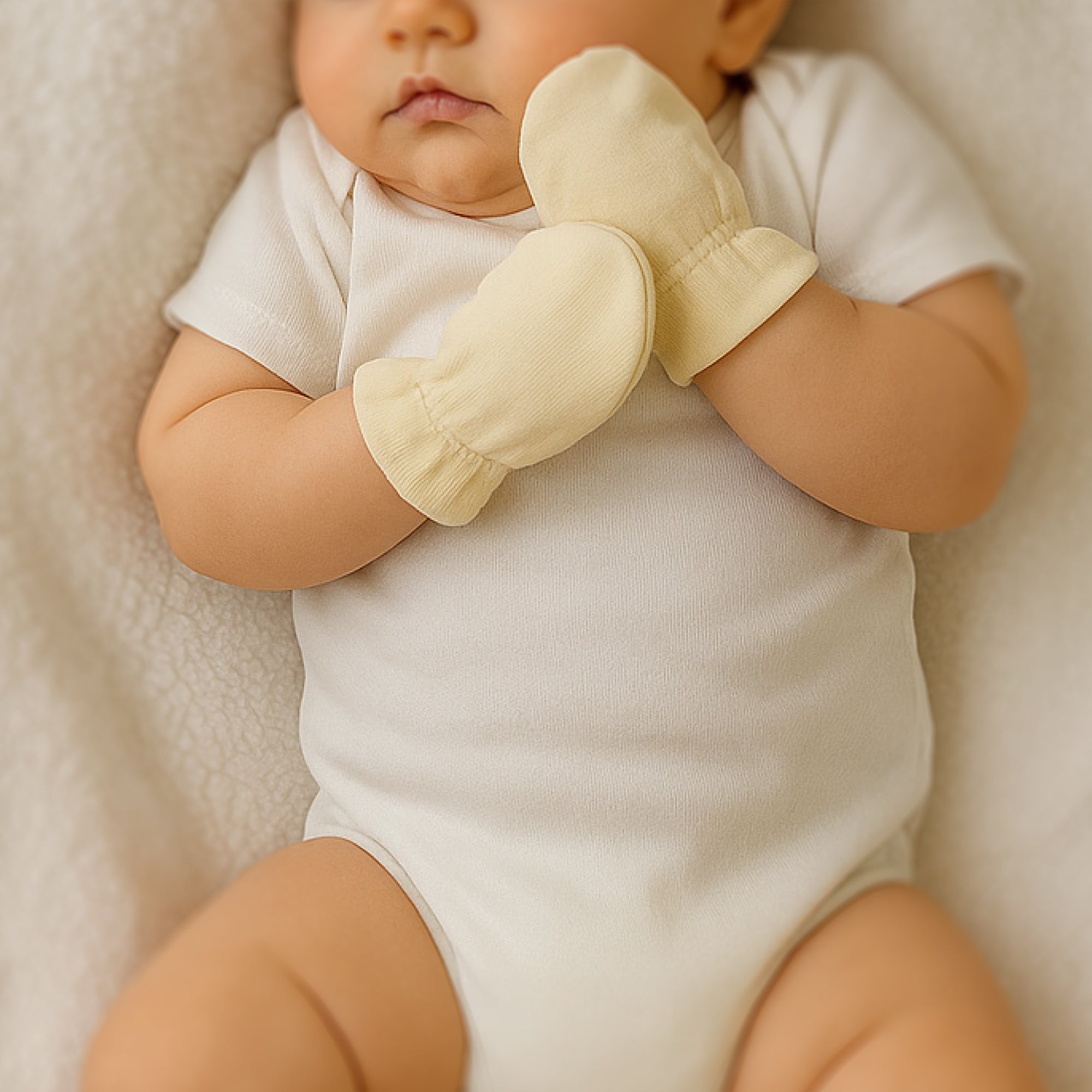 Baby in a white onesie holding cream-colored mittens against a neutral background