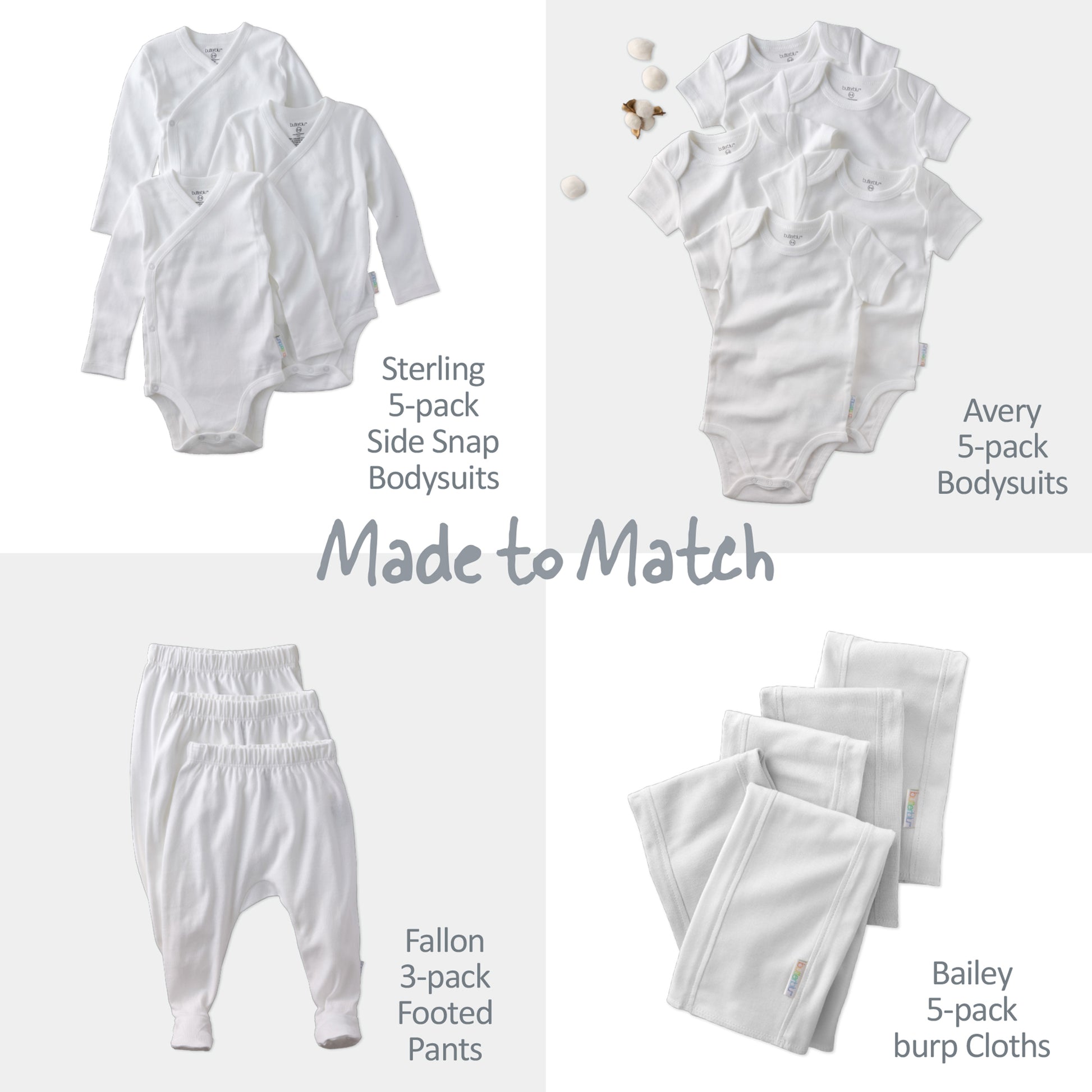 Baby clothing sets including side snap bodysuits, bodysuits, mitts, and burp cloths with matching labels.
