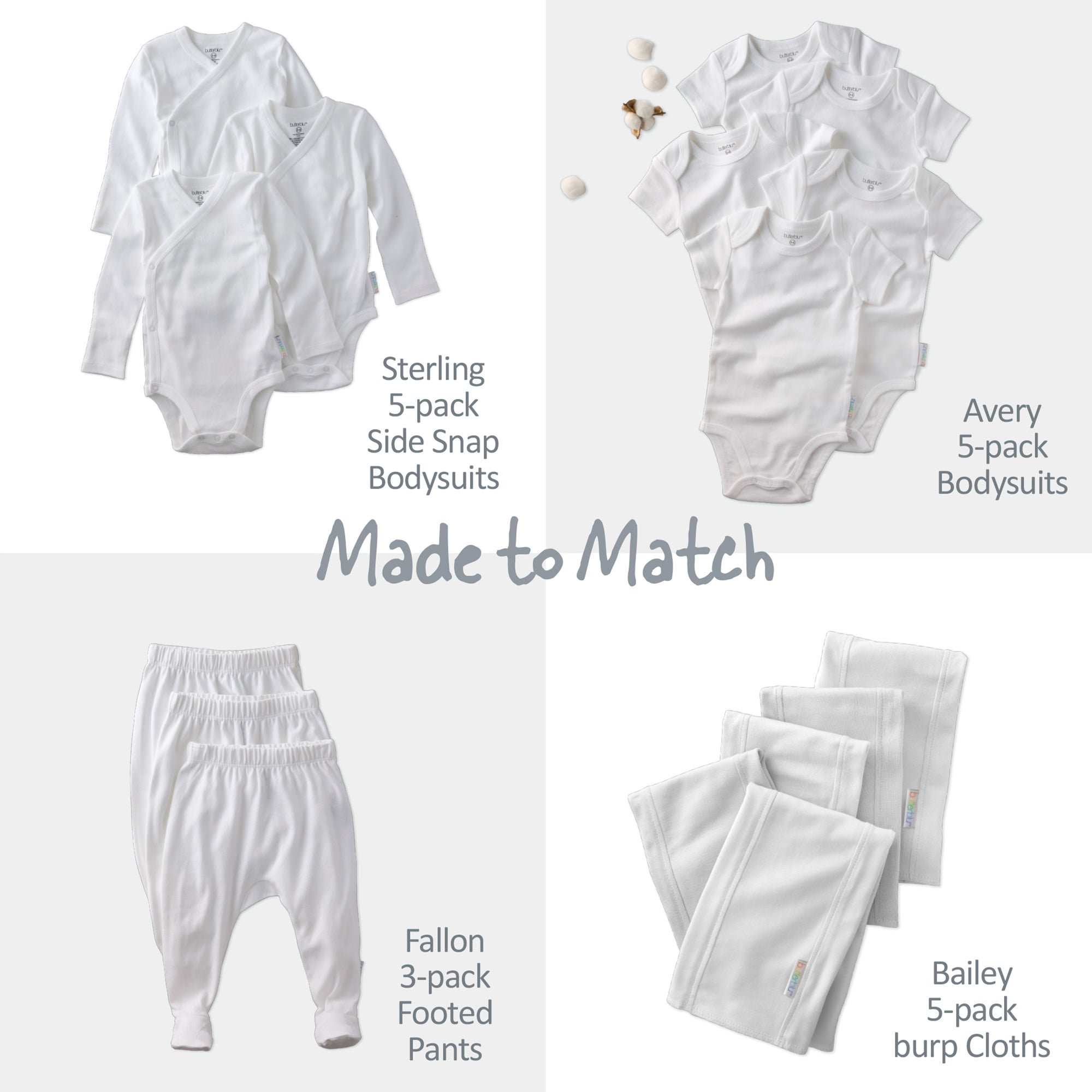 Baby clothing sets including side snap bodysuits, bodysuits, mitts, and burp cloths with matching labels.