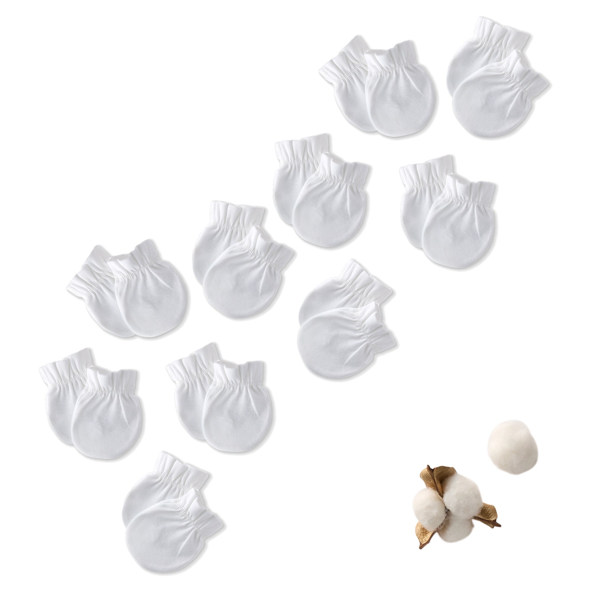 Set of white baby gloves mitts with cotton ball and cotton plant on a white background