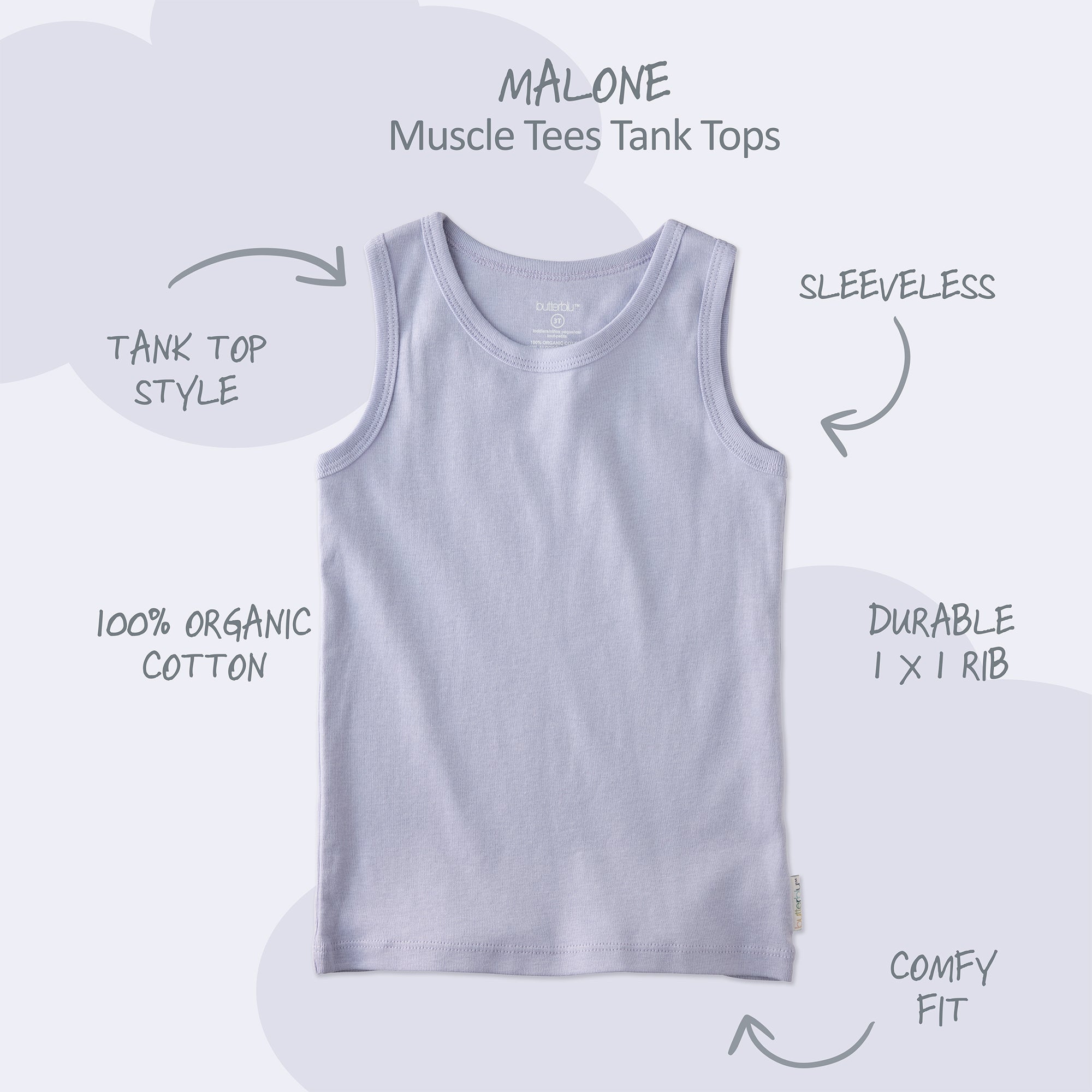 Malone tank with product descriptions around it and Malone title at the top
