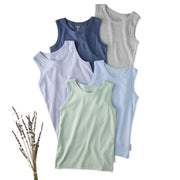 5 sleeveless shirts in Frost on a white background with lavender