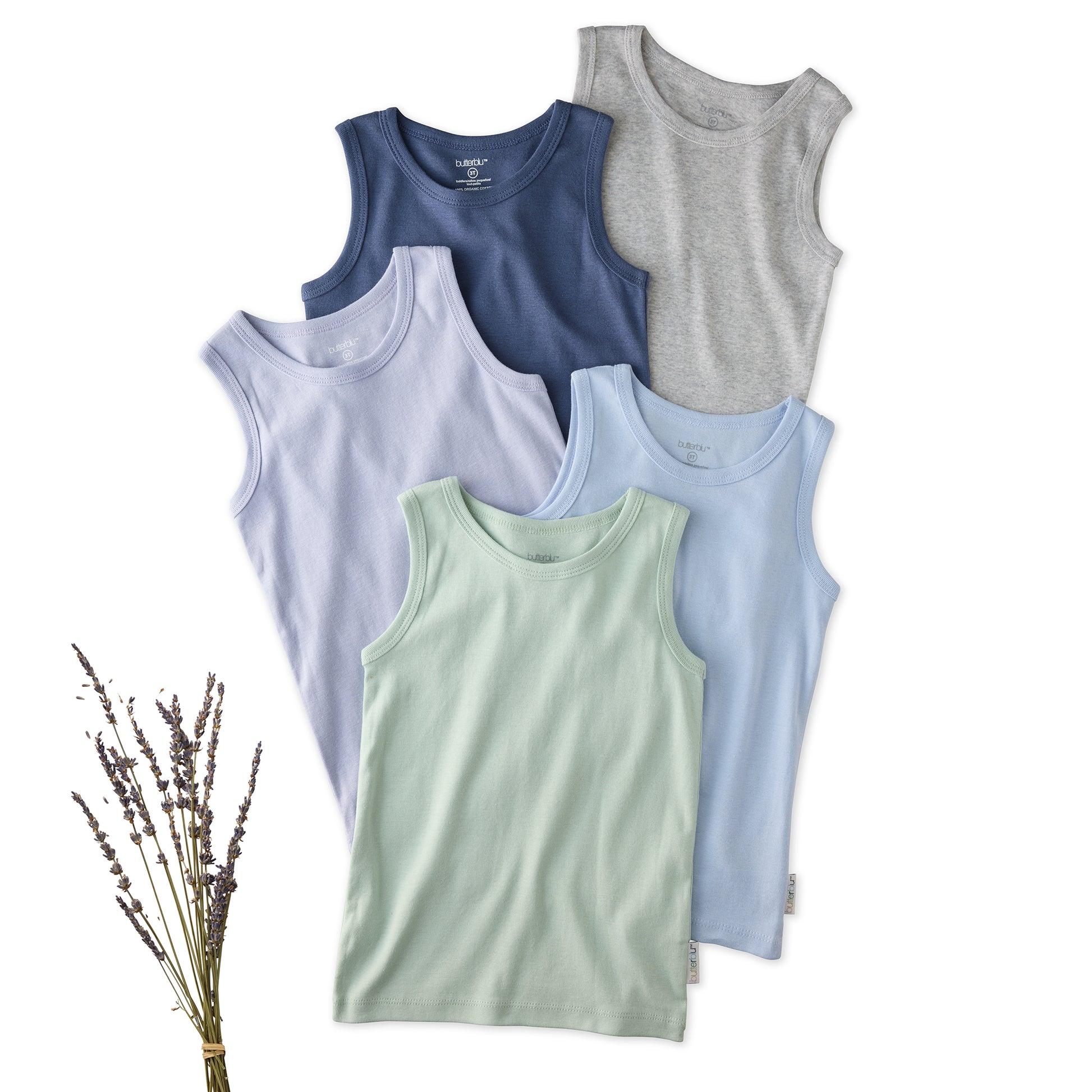 5 sleeveless shirts in Frost on a white background with lavender