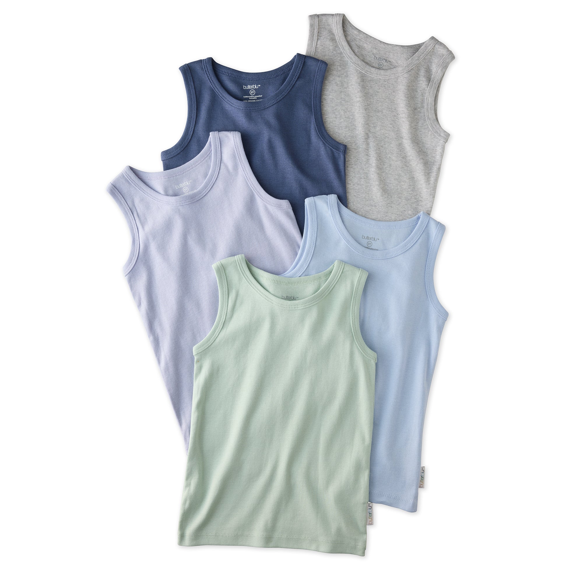 Layout of 5 Malone sleeveless tees in Frost on a white background
