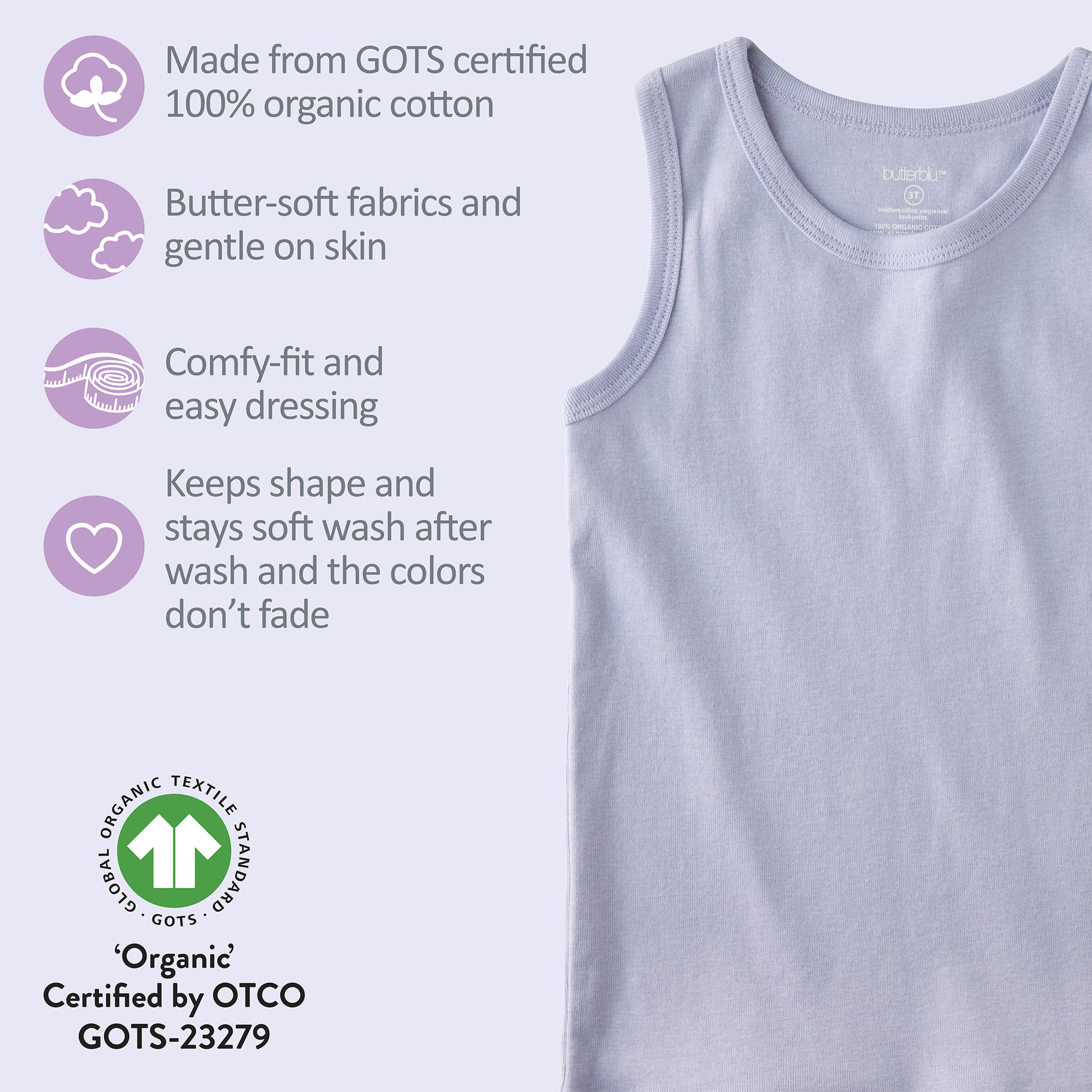Frost sleeveless tee with GOTS certification badges
